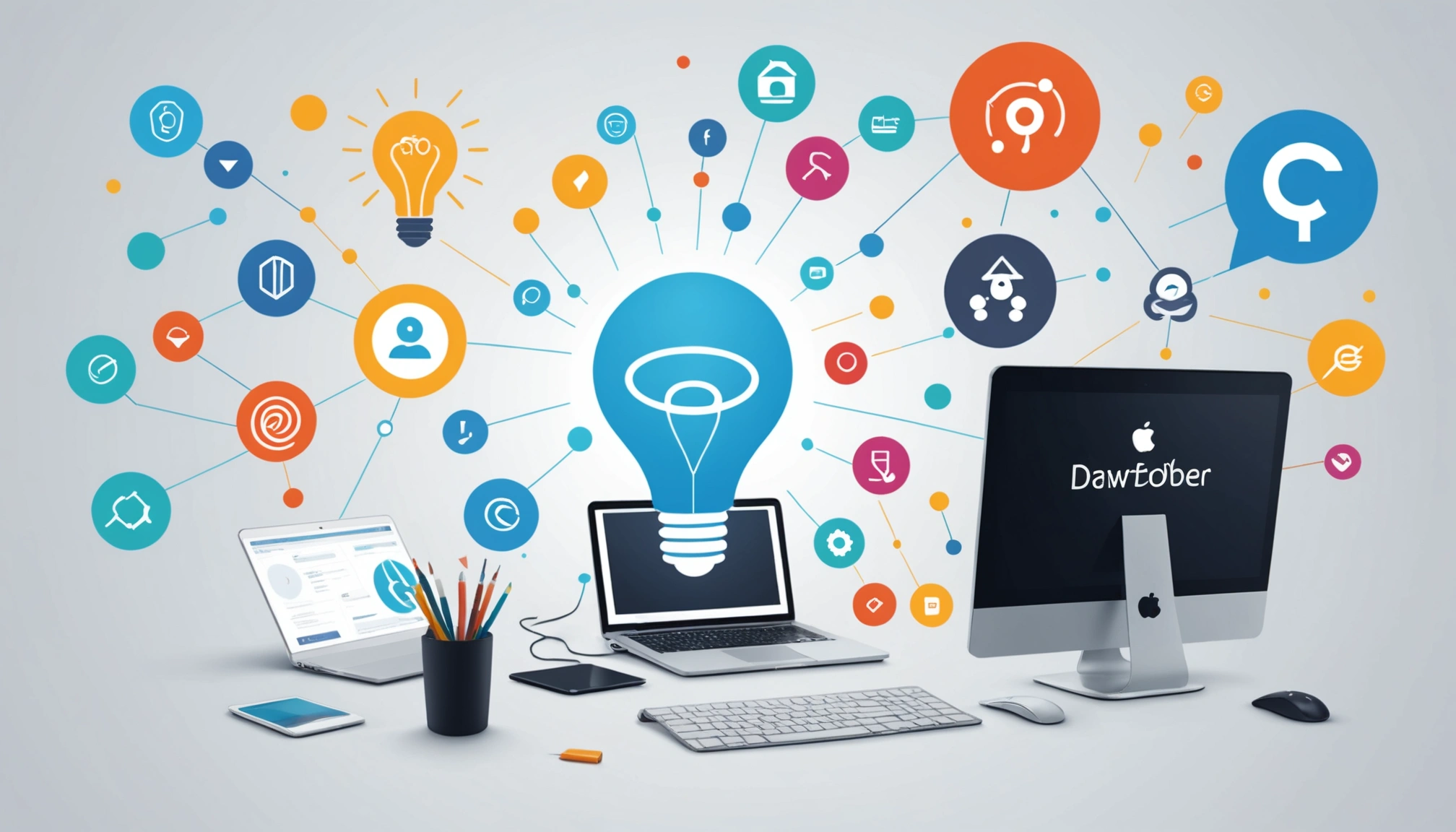 Similarities Between Account Based Marketing and Inbound Marketing, Digital art, technology concept, abstract, clean lines, minimalist, corporate blue and white, data visualization, glowing nodes, wordpress, php, html, css