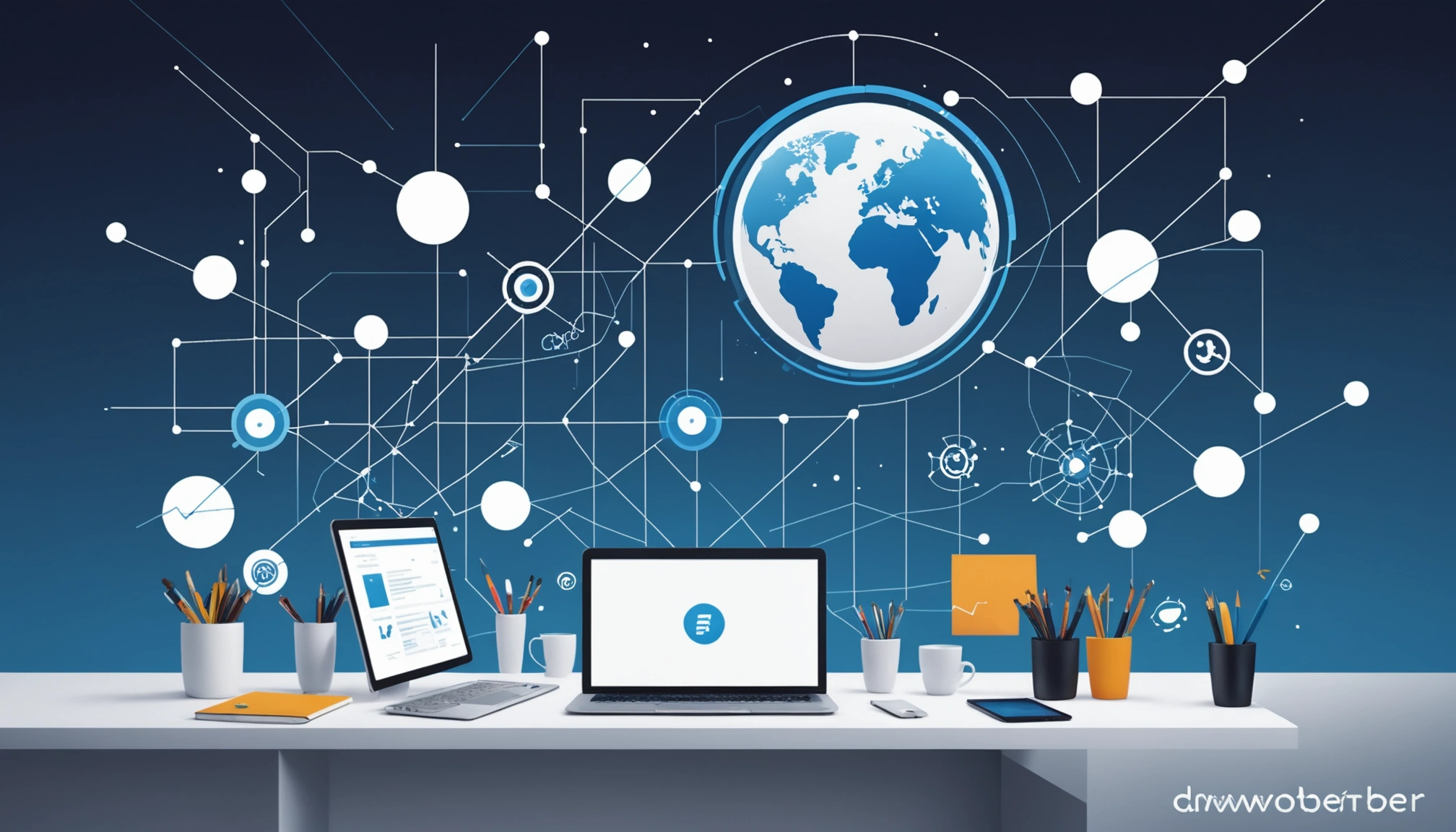 Shared Limitations of Scraping Dynamic Websites, Digital art, technology concept, abstract, clean lines, minimalist, corporate blue and white, data visualization, glowing nodes, wordpress, php, html, css