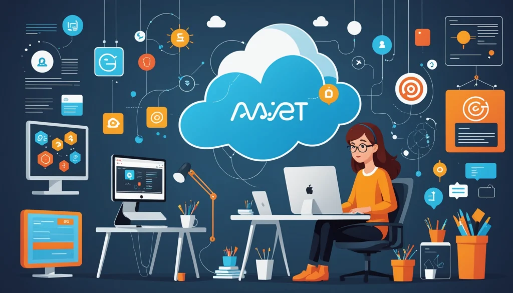 Common Features of AWS and Google Cloud for Scraping Bots, Digital art, technology concept, abstract, clean lines, minimalist, corporate blue and white, data visualization, glowing nodes, wordpress, php, html, css