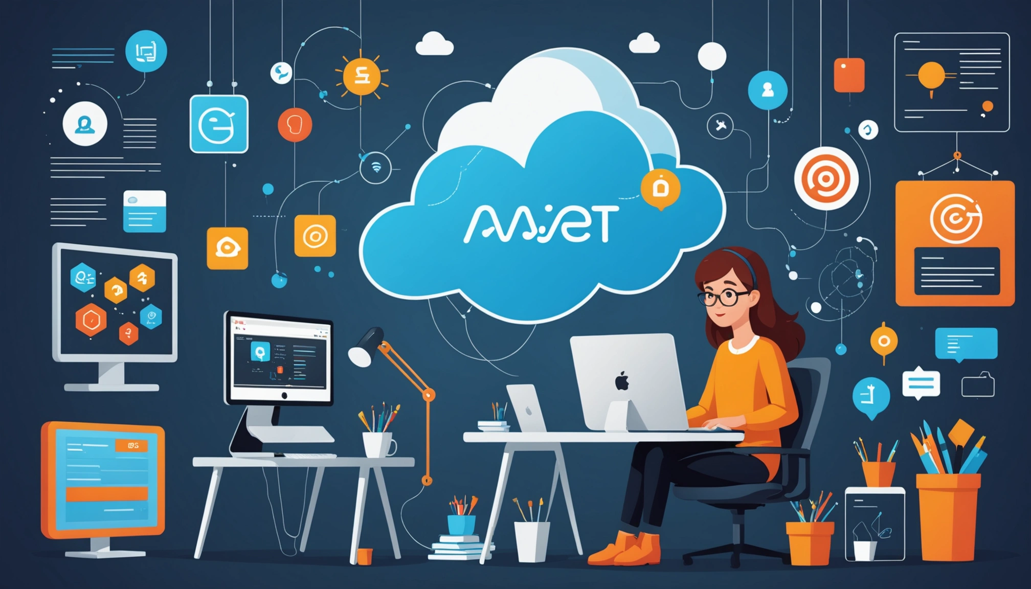 Common Features of AWS and Google Cloud for Scraping Bots, Digital art, technology concept, abstract, clean lines, minimalist, corporate blue and white, data visualization, glowing nodes, wordpress, php, html, css