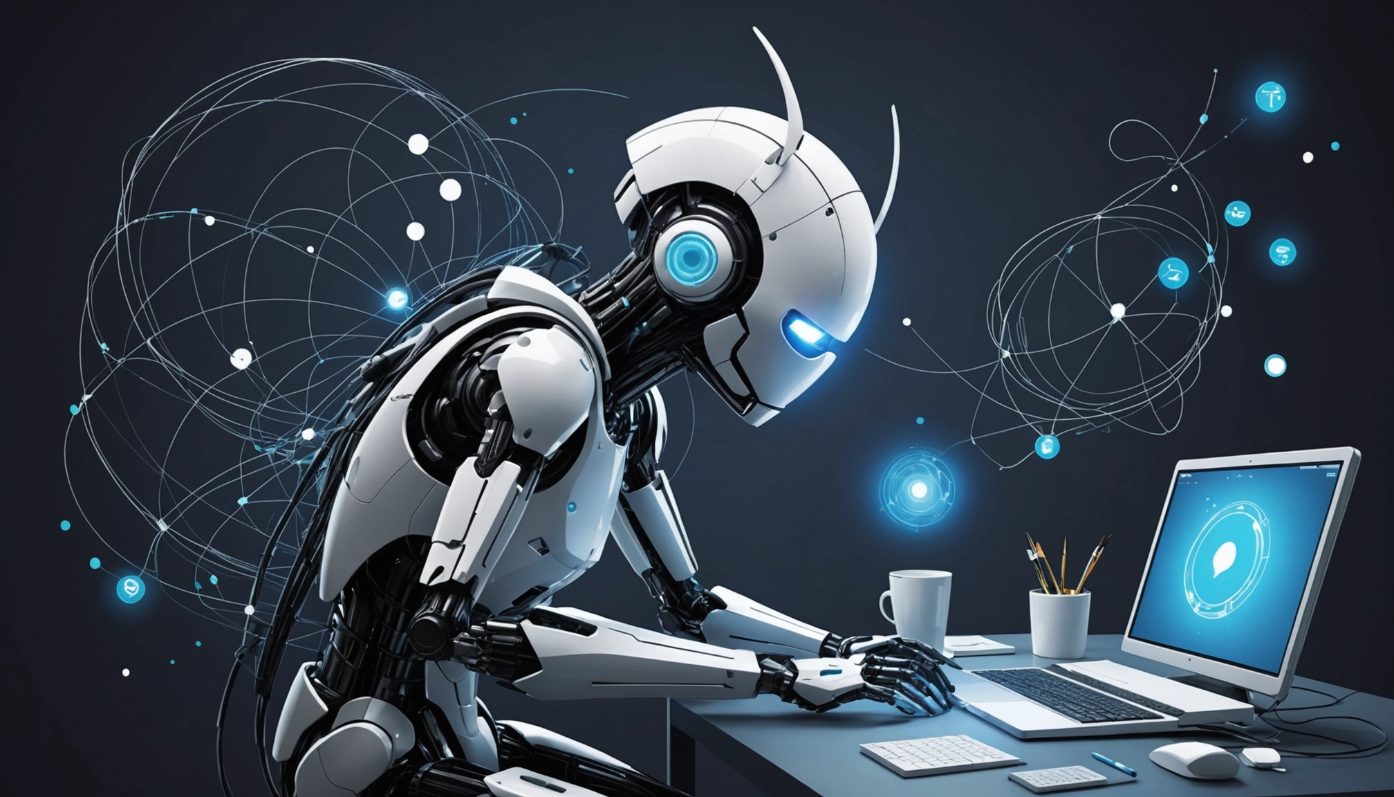 Similarities Between Ethical Scraping and Hacking, Digital art, technology concept, abstract, clean lines, minimalist, corporate blue and white, data visualization, glowing nodes, wordpress, php, html, css