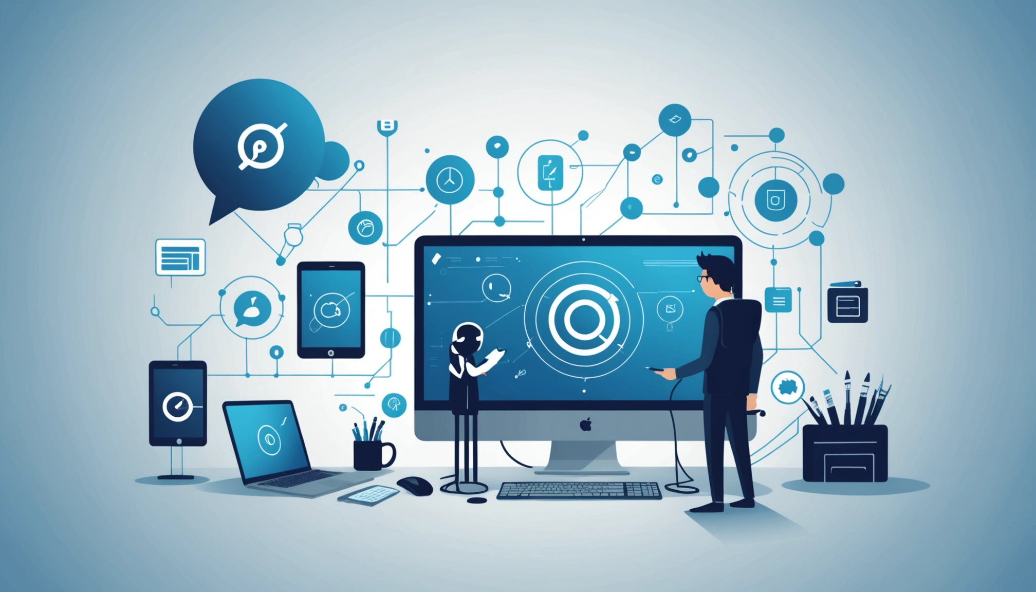 What Cold Calling and Cold Emailing Have in Common, Digital art, technology concept, abstract, clean lines, minimalist, corporate blue and white, data visualization, glowing nodes, wordpress, php, html, css