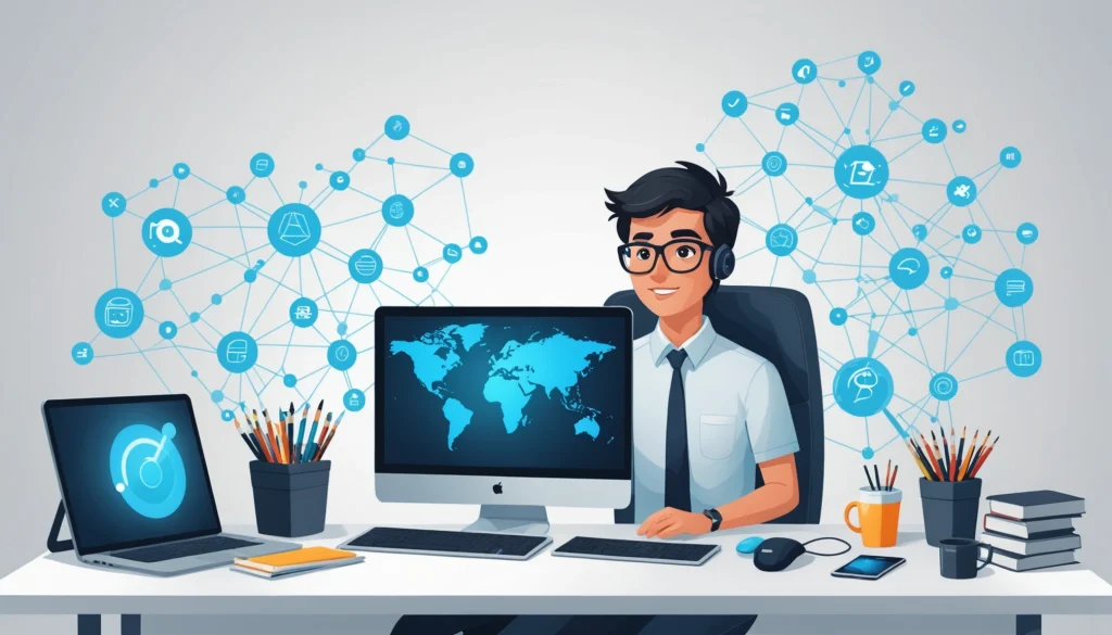 Similarities Between Data Entry and Data Cleansing, Digital art, technology concept, abstract, clean lines, minimalist, corporate blue and white, data visualization, glowing nodes, wordpress, php, html, css
