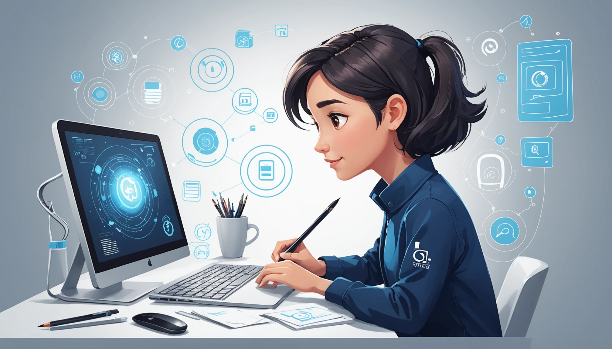 How EfficientPIM and Clearbit Use Data Enrichment, Digital art, technology concept, abstract, clean lines, minimalist, corporate blue and white, data visualization, glowing nodes, wordpress, php, html, css