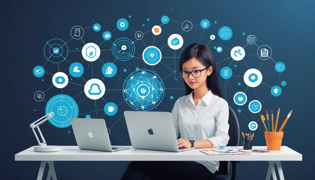 How EfficientPIM and ZoomInfo Handle Data Privacy, Digital art, technology concept, abstract, clean lines, minimalist, corporate blue and white, data visualization, glowing nodes, wordpress, php, html, css