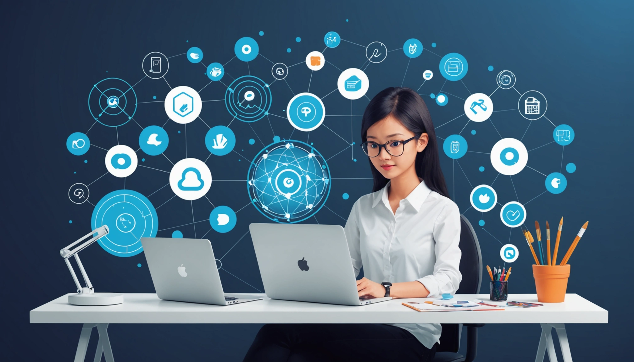 How EfficientPIM and ZoomInfo Handle Data Privacy, Digital art, technology concept, abstract, clean lines, minimalist, corporate blue and white, data visualization, glowing nodes, wordpress, php, html, css