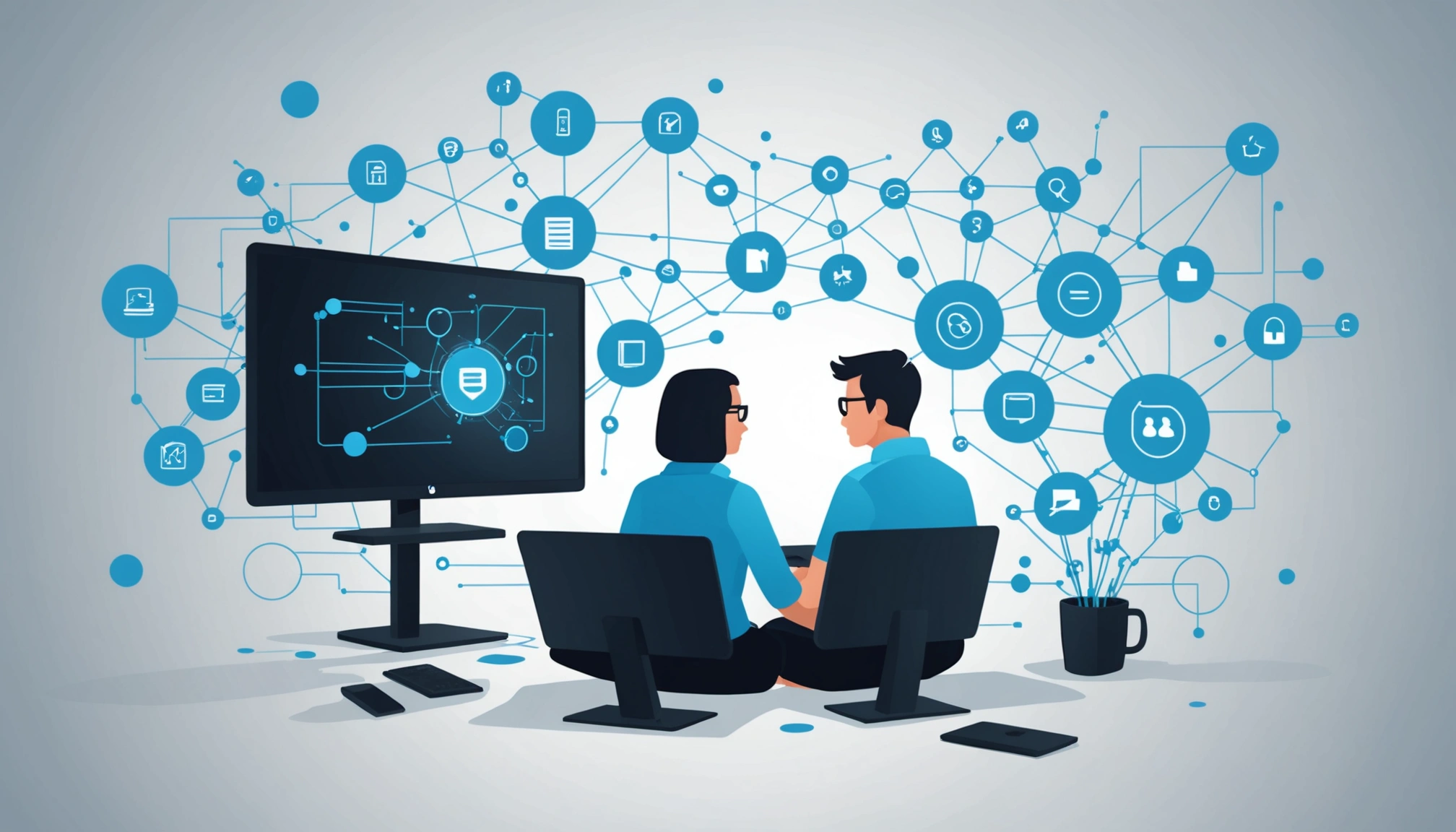 Similarities Between Data Brokers and Data Scrapers, Digital art, technology concept, abstract, clean lines, minimalist, corporate blue and white, data visualization, glowing nodes, wordpress, php, html, css