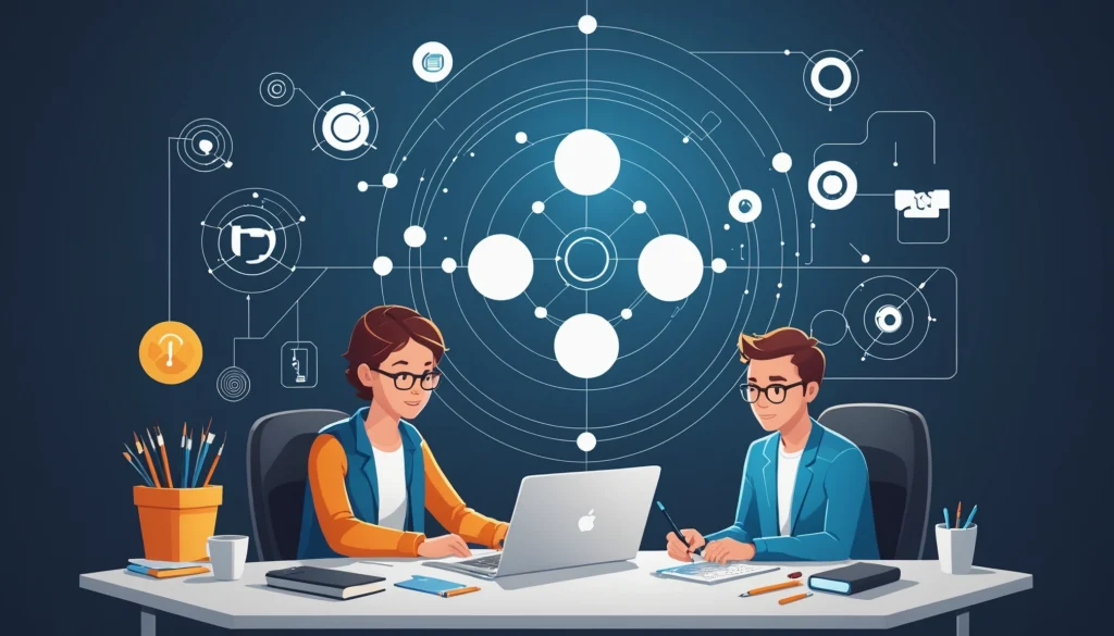 How EfficientPIM and Hunter.io Manage User Data, Digital art, technology concept, abstract, clean lines, minimalist, corporate blue and white, data visualization, glowing nodes, wordpress, php, html, css