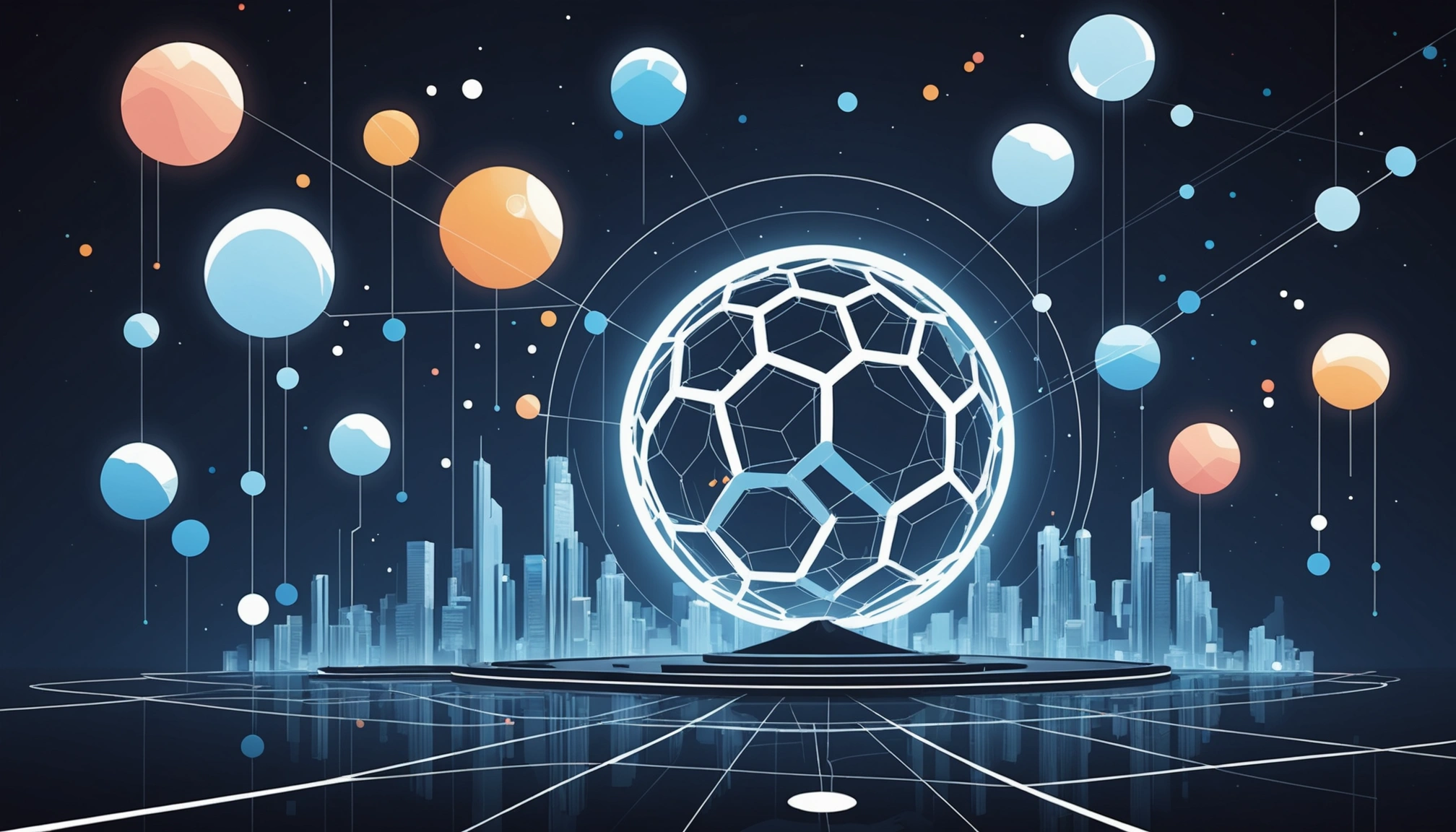 Similarities Between Serverless Architecture and Microservices, Digital art, technology concept, abstract, clean lines, minimalist, corporate blue and white, data visualization, glowing nodes, wordpress, php, html, css