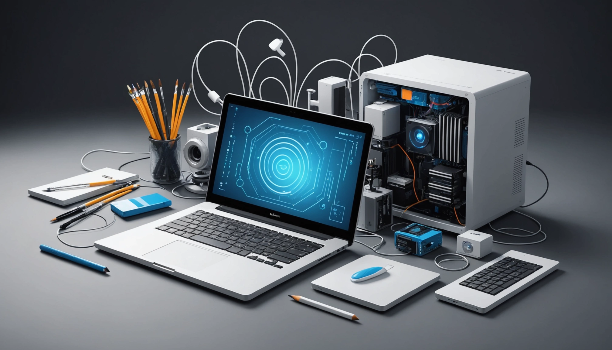 Common Features of CPU and RAM Usage in Scraping, Digital art, technology concept, abstract, clean lines, minimalist, corporate blue and white, data visualization, glowing nodes, wordpress, php, html, css
