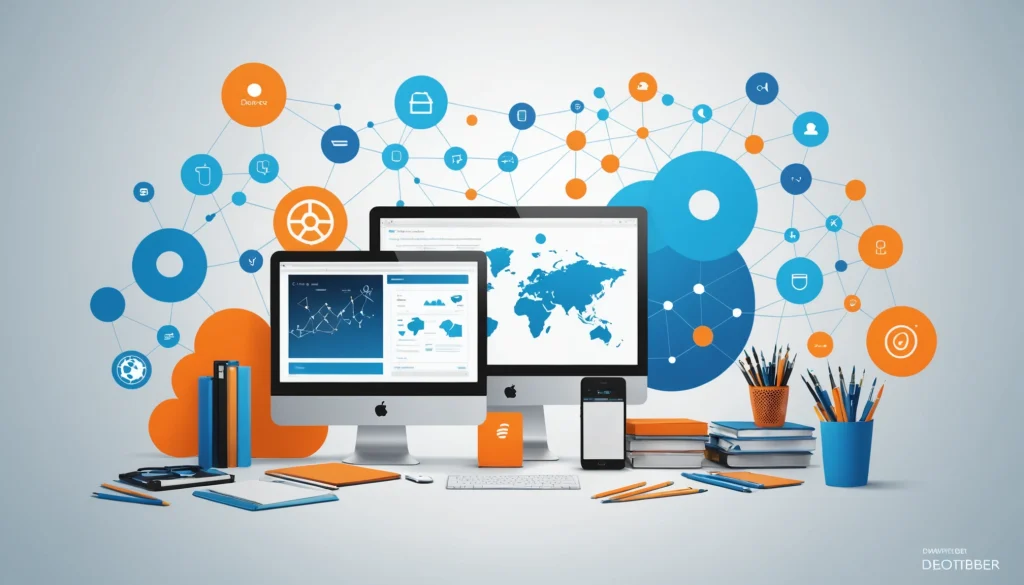 Similarities Between Desktop Apps and Web Apps for Extraction, Digital art, technology concept, abstract, clean lines, minimalist, corporate blue and white, data visualization, glowing nodes, wordpress, php, html, css
