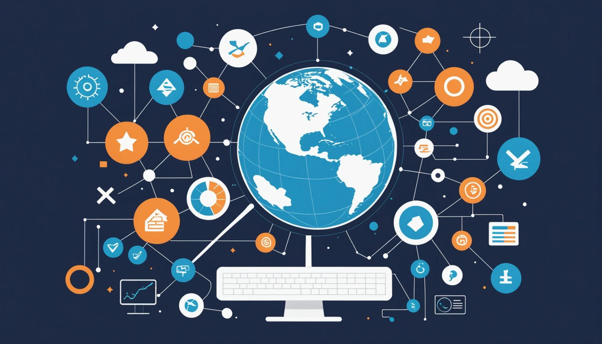 Shared Benefits of Geo-Targeting in Scraping, Digital art, technology concept, abstract, clean lines, minimalist, corporate blue and white, data visualization, glowing nodes, wordpress, php, html, css