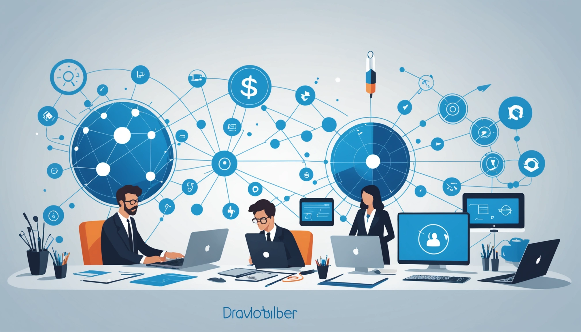 Shared Challenges of Data Integration and Migration, Digital art, technology concept, abstract, clean lines, minimalist, corporate blue and white, data visualization, glowing nodes, wordpress, php, html, css