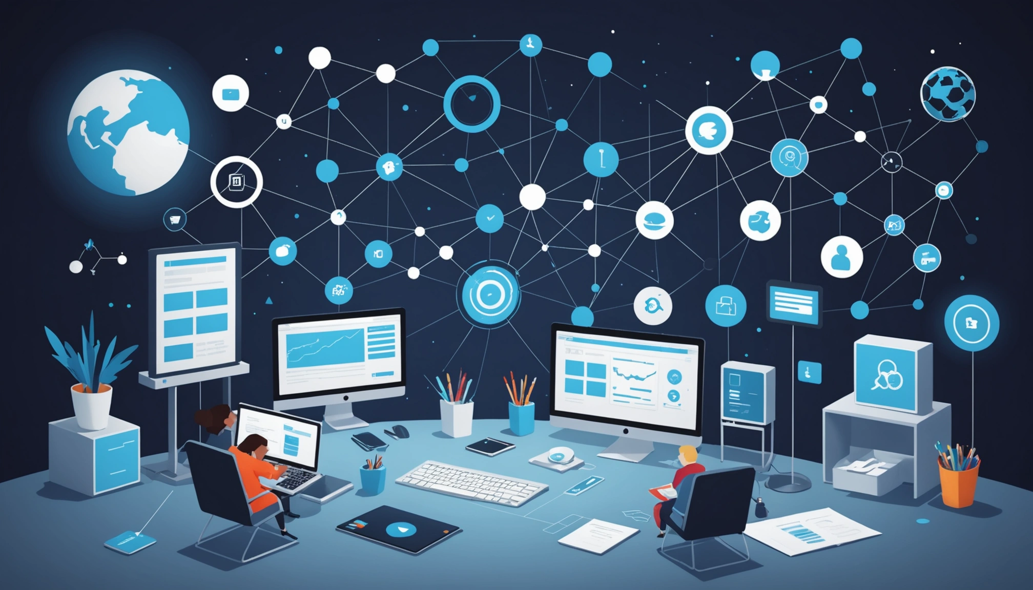 Shared Benefits of API Documentation and SDKs, Digital art, technology concept, abstract, clean lines, minimalist, corporate blue and white, data visualization, glowing nodes, wordpress, php, html, css