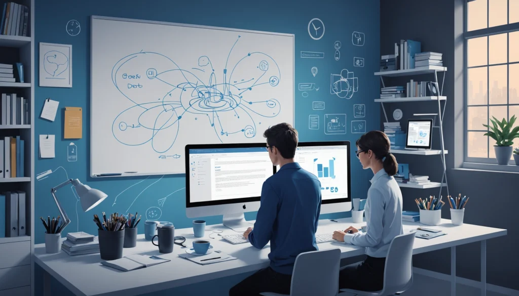 What Java and C# Have in Common for Enterprise Tools, Digital art, technology concept, abstract, clean lines, minimalist, corporate blue and white, data visualization, glowing nodes, wordpress, php, html, css