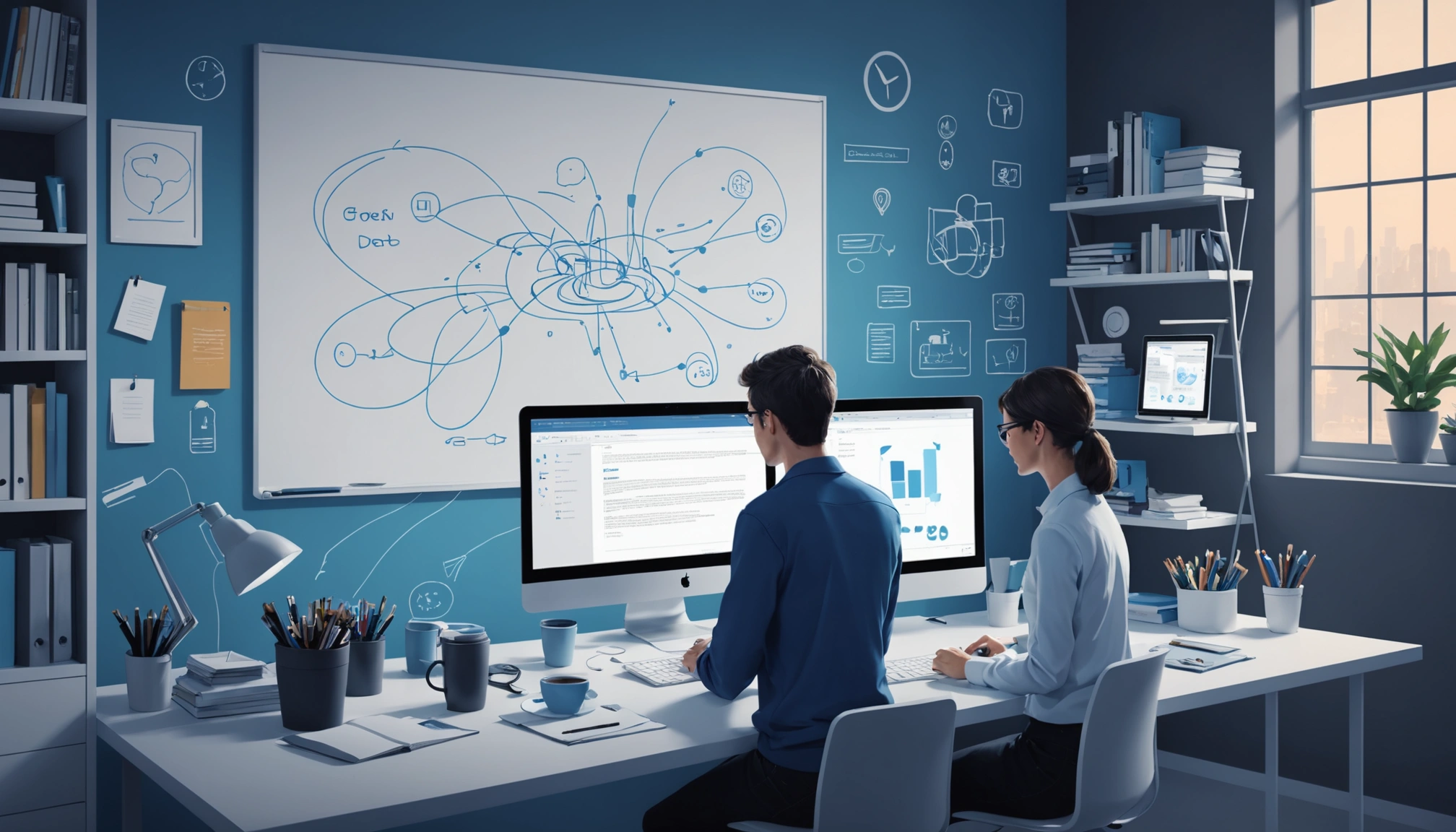 What Java and C# Have in Common for Enterprise Tools, Digital art, technology concept, abstract, clean lines, minimalist, corporate blue and white, data visualization, glowing nodes, wordpress, php, html, css