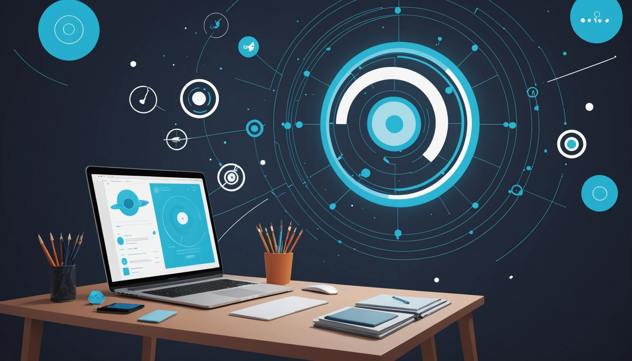 Similarities Between React and Vue.js for Scraping Targets, Digital art, technology concept, abstract, clean lines, minimalist, corporate blue and white, data visualization, glowing nodes, wordpress, php, html, css