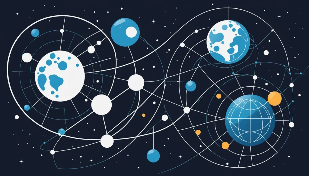 Similarities Between Selenium Grid and Moon, Digital art, technology concept, abstract, clean lines, minimalist, corporate blue and white, data visualization, glowing nodes, wordpress, php, html, css