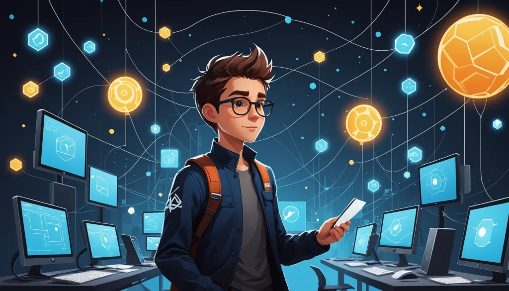 What APK Decompilation and Network Sniffing Have in Common, Digital art, technology concept, abstract, clean lines, minimalist, corporate blue and white, data visualization, glowing nodes, wordpress, php, html, css