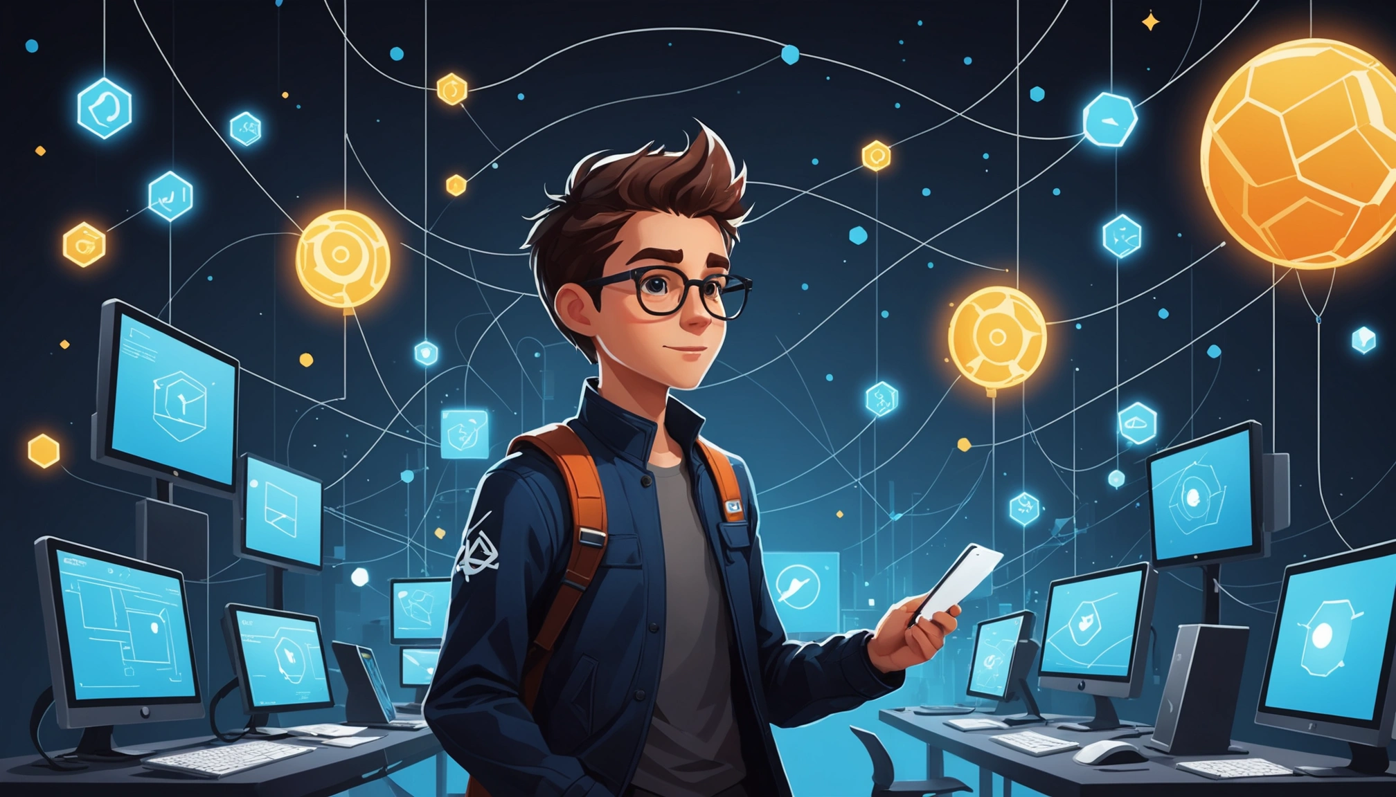 What APK Decompilation and Network Sniffing Have in Common, Digital art, technology concept, abstract, clean lines, minimalist, corporate blue and white, data visualization, glowing nodes, wordpress, php, html, css