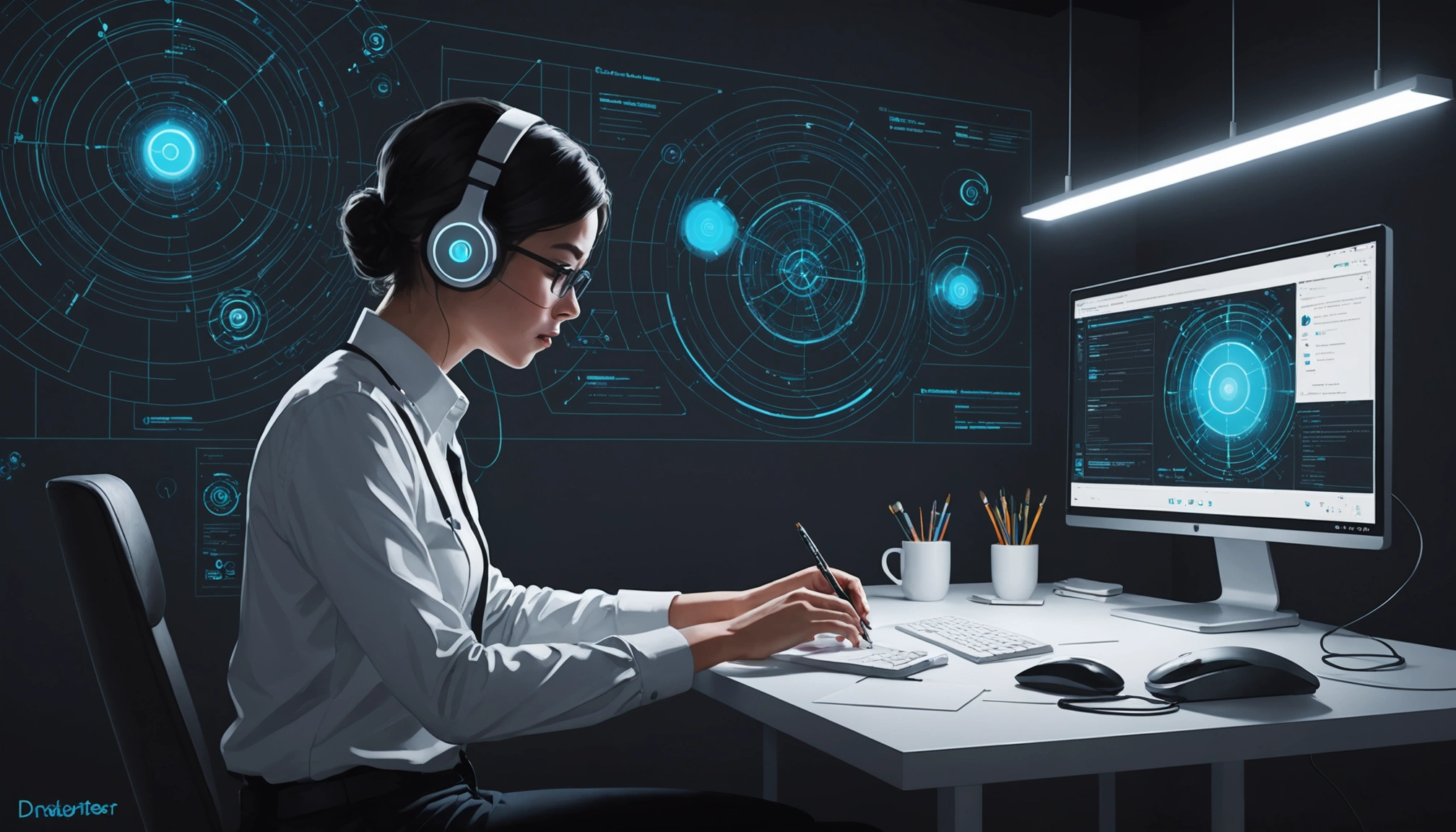 What Prometheus and Grafana Share for Monitoring, Digital art, technology concept, abstract, clean lines, minimalist, corporate blue and white, data visualization, glowing nodes, wordpress, php, html, css