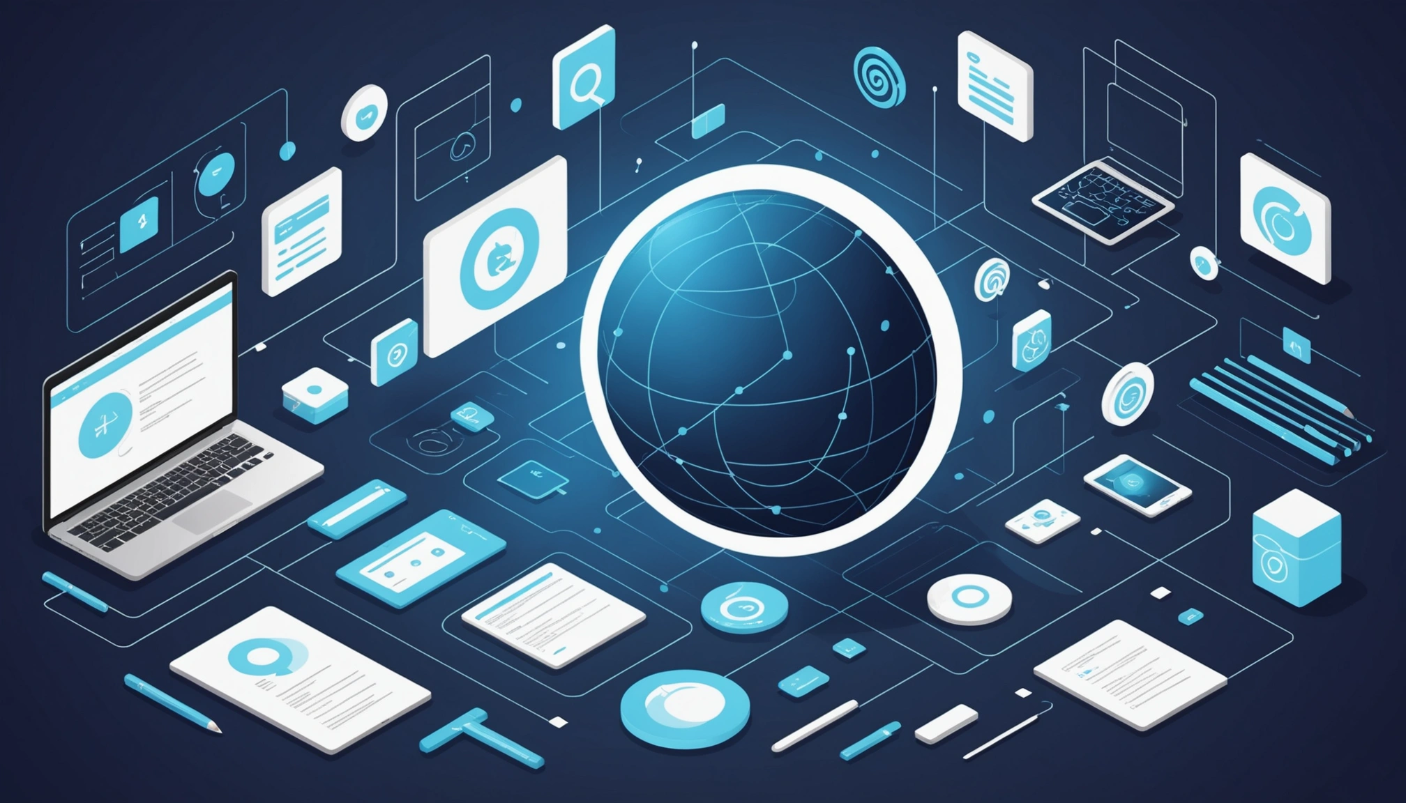 Shared Challenges of Data Quality Assurance, Digital art, technology concept, abstract, clean lines, minimalist, corporate blue and white, data visualization, glowing nodes, wordpress, php, html, css
