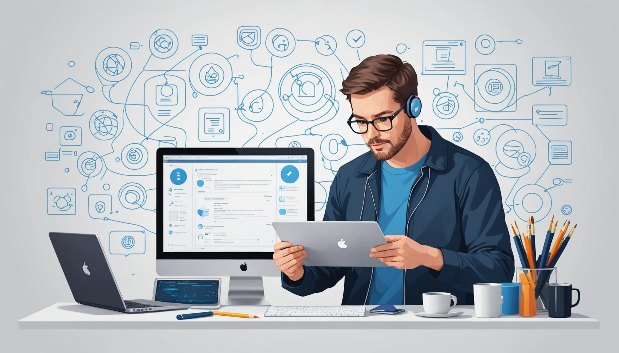 What Master Data Management and Reference Data Have in Common, Digital art, technology concept, abstract, clean lines, minimalist, corporate blue and white, data visualization, glowing nodes, wordpress, php, html, css