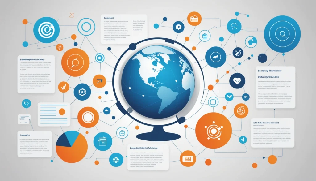 Common Features of Data Cataloging and Metadata Management, Digital art, technology concept, abstract, clean lines, minimalist, corporate blue and white, data visualization, glowing nodes, wordpress, php, html, css
