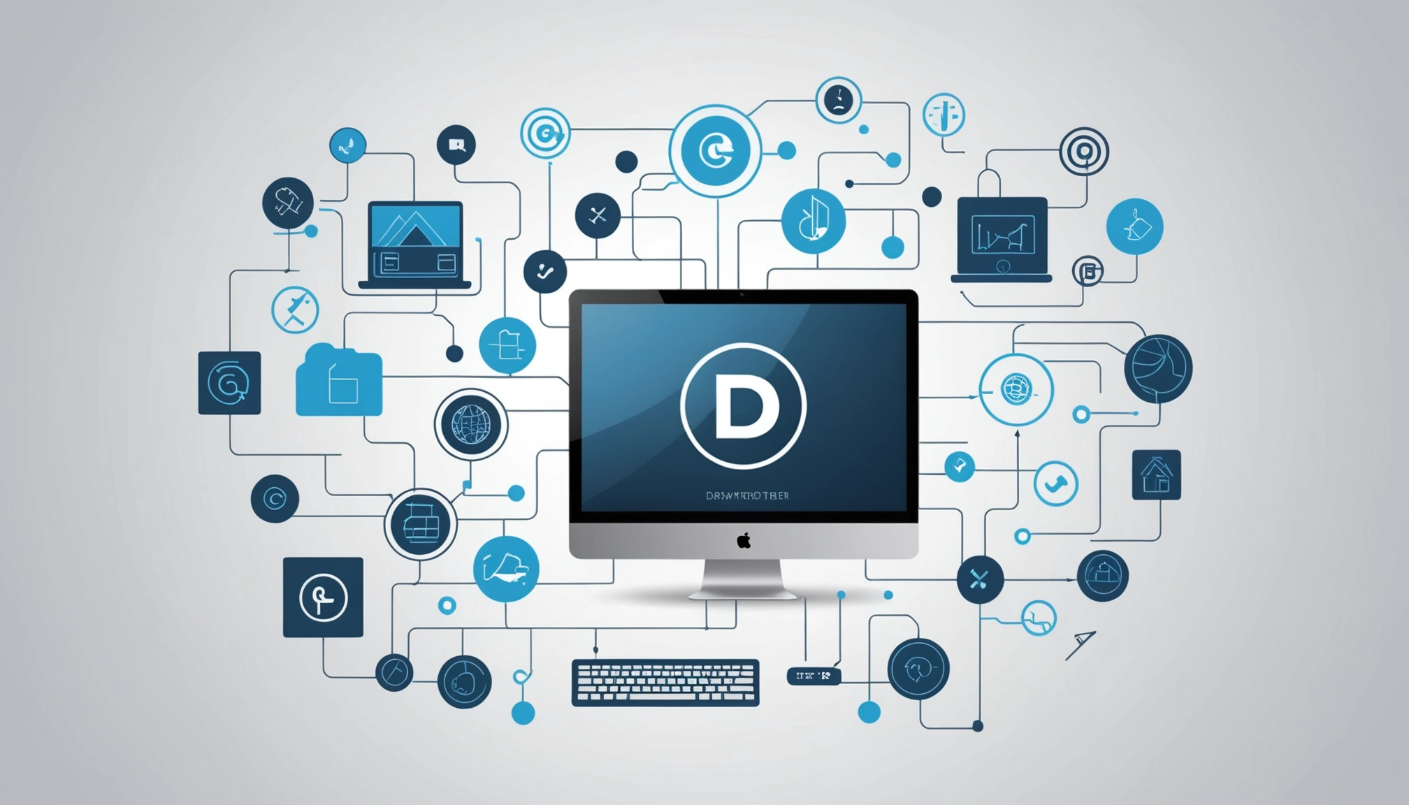 Similarities Between Data Lineage and Traceability, Digital art, technology concept, abstract, clean lines, minimalist, corporate blue and white, data visualization, glowing nodes, wordpress, php, html, css