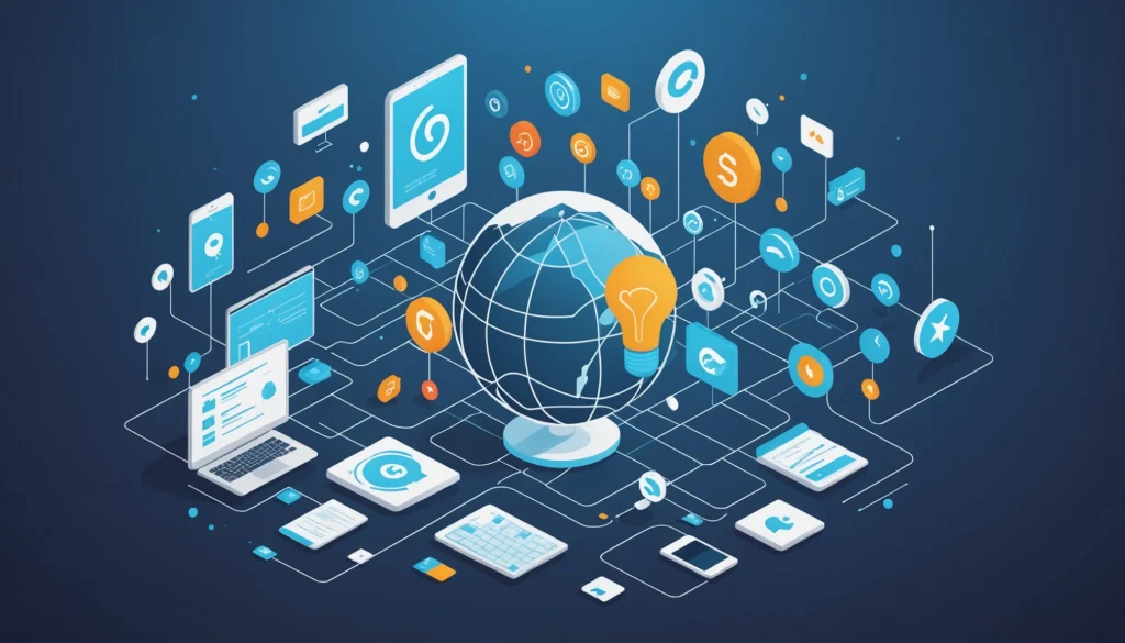 Shared Benefits of Data Democratization, Digital art, technology concept, abstract, clean lines, minimalist, corporate blue and white, data visualization, glowing nodes, wordpress, php, html, css
