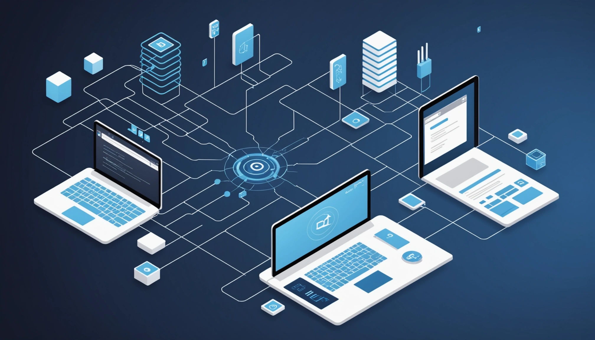Similarities Between SQL Server and Oracle Database, Digital art, technology concept, abstract, clean lines, minimalist, corporate blue and white, data visualization, glowing nodes, wordpress, php, html, css
