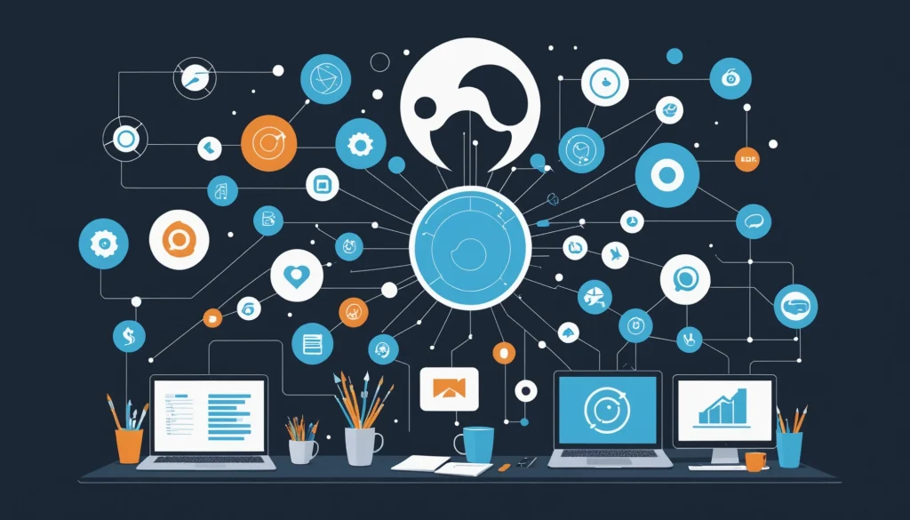 What JSON and YAML Have in Common, Digital art, technology concept, abstract, clean lines, minimalist, corporate blue and white, data visualization, glowing nodes, wordpress, php, html, css
