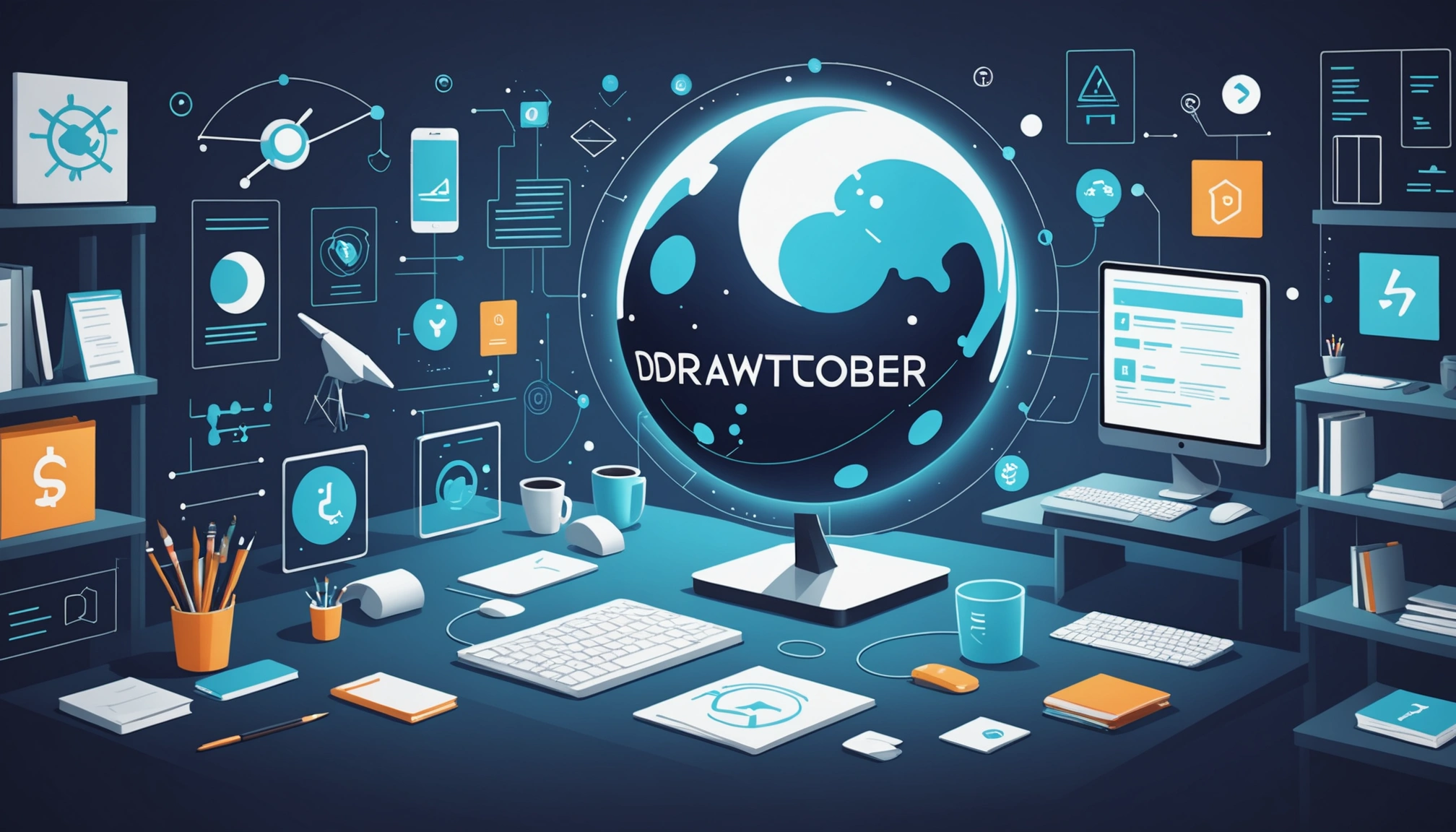 Common Features of XML and HTML, Digital art, technology concept, abstract, clean lines, minimalist, corporate blue and white, data visualization, glowing nodes, wordpress, php, html, css
