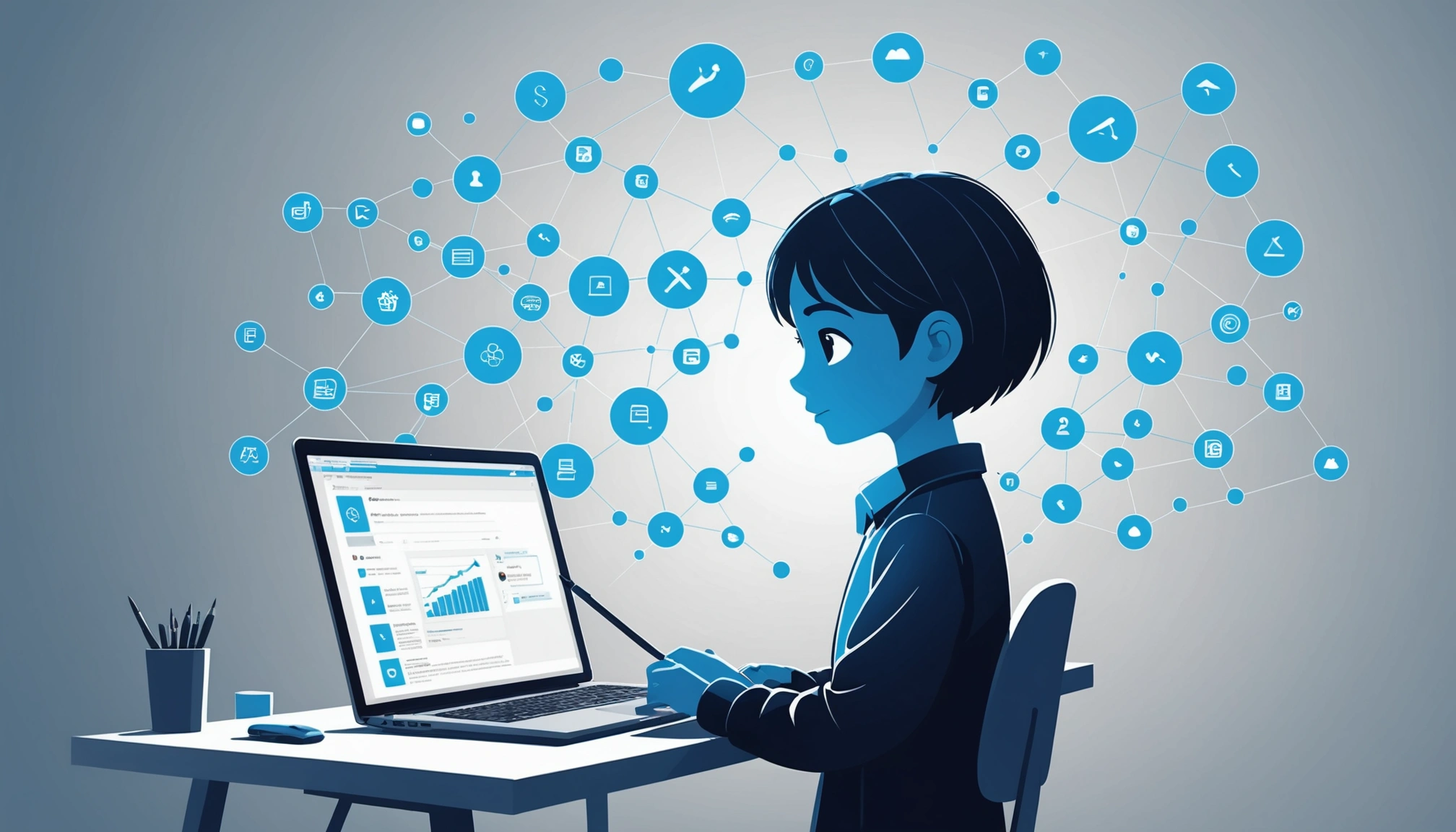 How to Find Any Email Address in Seconds, Digital art, technology concept, abstract, clean lines, minimalist, corporate blue and white, data visualization, glowing nodes, wordpress, php, html, css