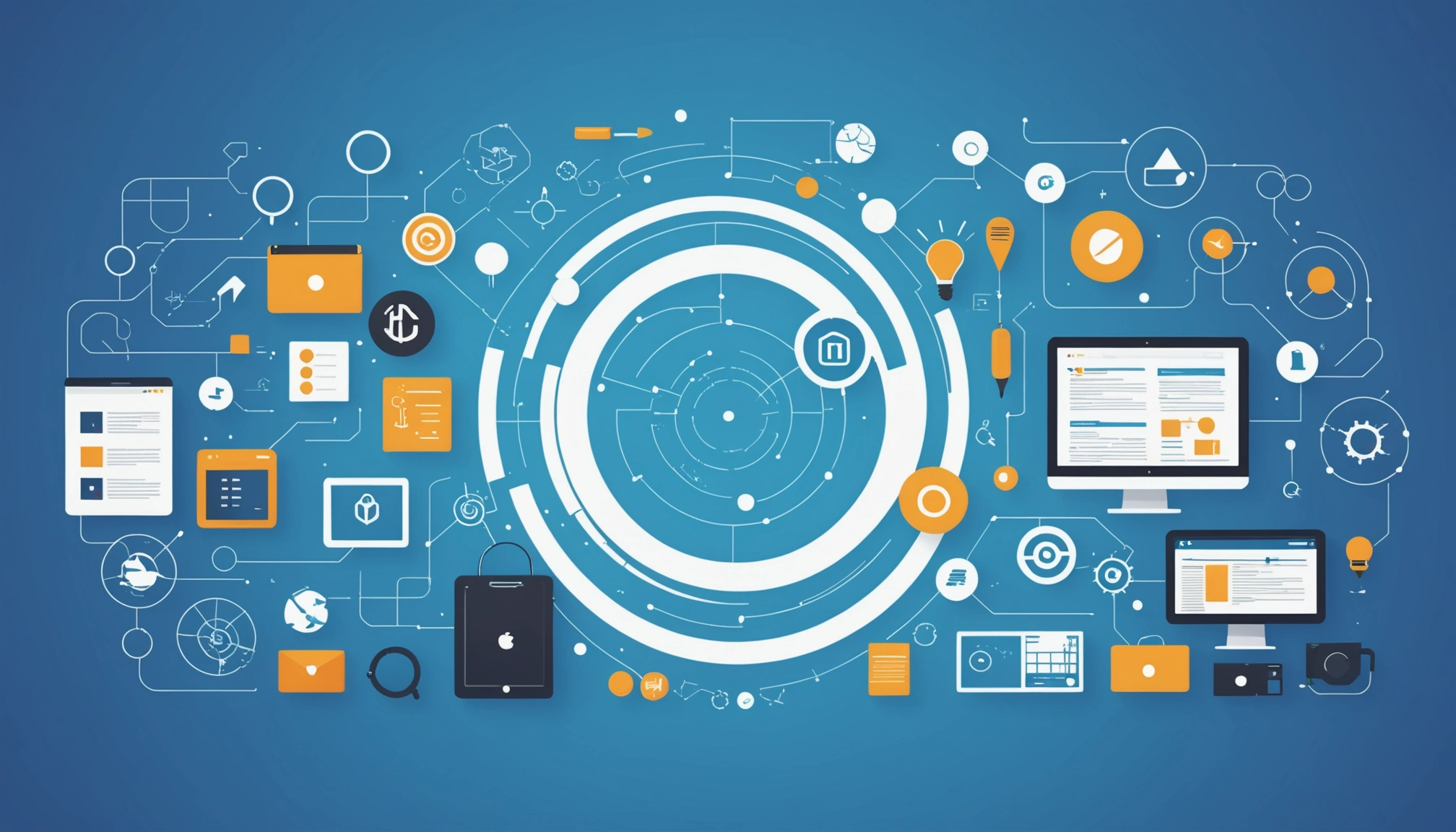 How to Find Guest Posting Opportunities via Scraping, Digital art, technology concept, abstract, clean lines, minimalist, corporate blue and white, data visualization, glowing nodes, wordpress, php, html, css