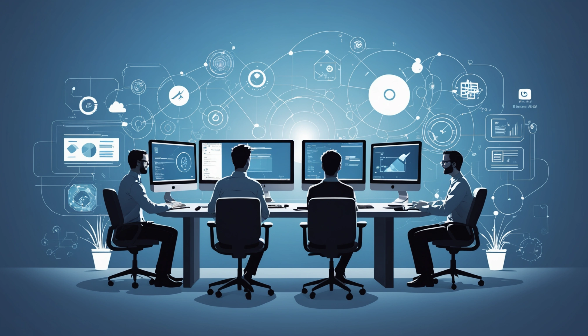 How to Find Software Development Companies, Digital art, technology concept, abstract, clean lines, minimalist, corporate blue and white, data visualization, glowing nodes, wordpress, php, html, css