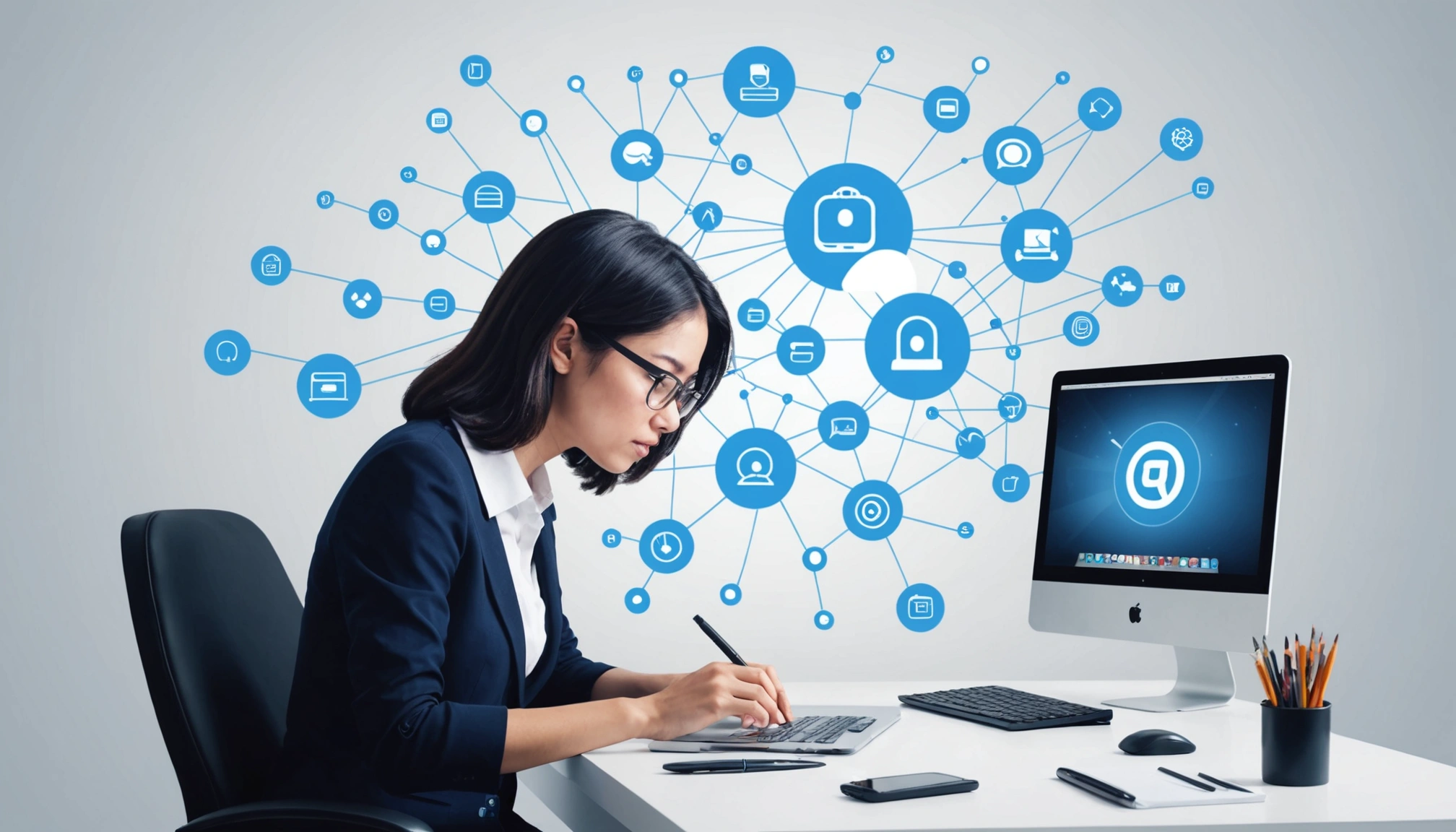 How to Extract Emails from Recruiters and Headhunters, Digital art, technology concept, abstract, clean lines, minimalist, corporate blue and white, data visualization, glowing nodes, wordpress, php, html, css