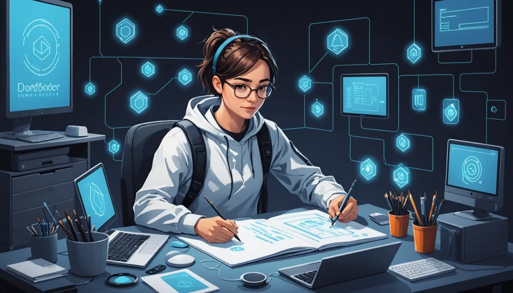 How to Find Blockchain Developers, Digital art, technology concept, abstract, clean lines, minimalist, corporate blue and white, data visualization, glowing nodes, wordpress, php, html, css