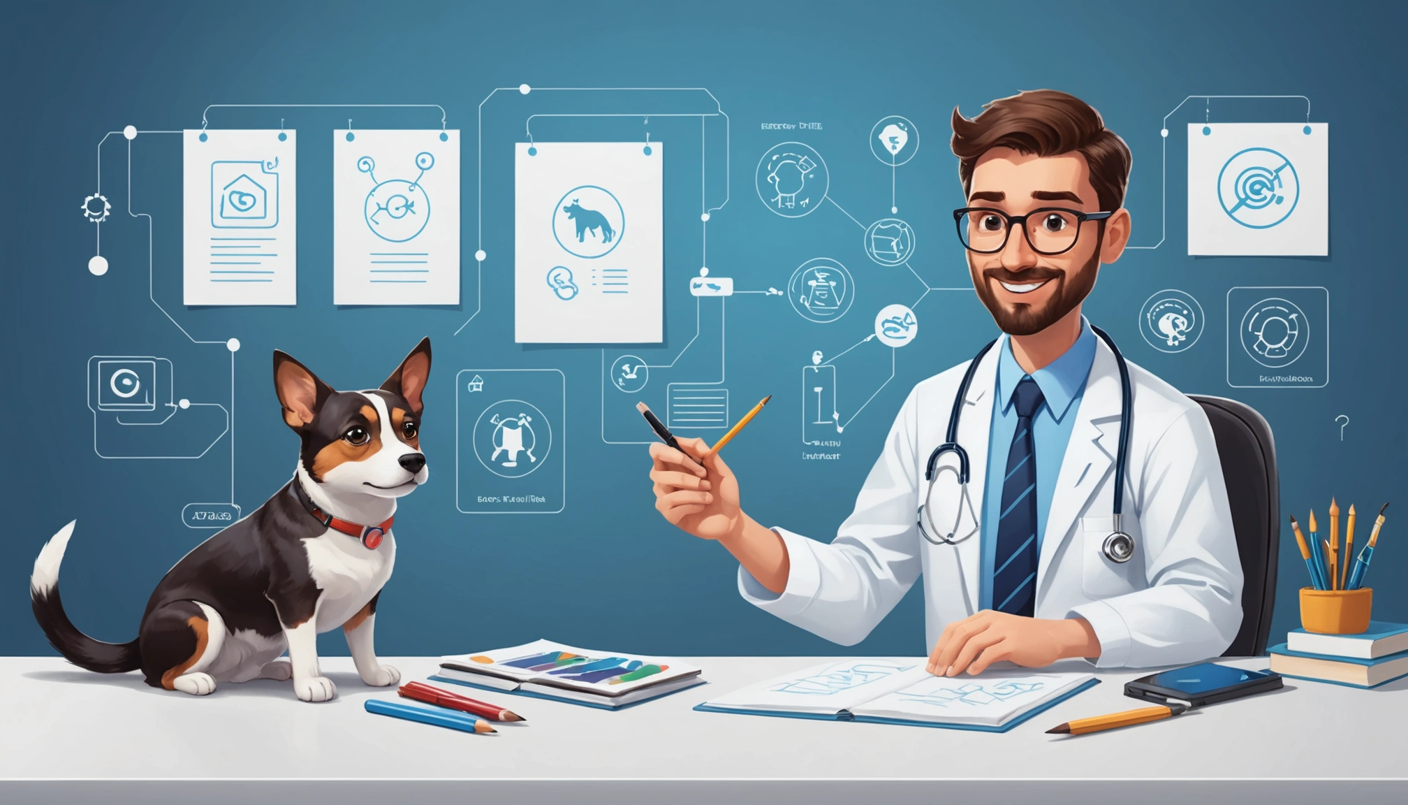 How to Find Veterinariansʼ Contact Info, Digital art, technology concept, abstract, clean lines, minimalist, corporate blue and white, data visualization, glowing nodes, wordpress, php, html, css