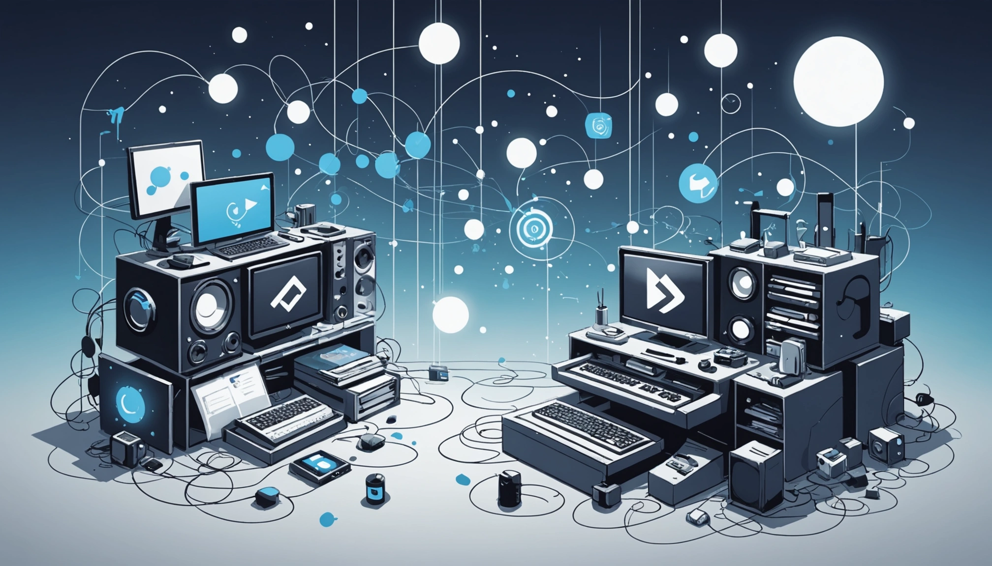 How to Find Music Publishers, Digital art, technology concept, abstract, clean lines, minimalist, corporate blue and white, data visualization, glowing nodes, wordpress, php, html, css