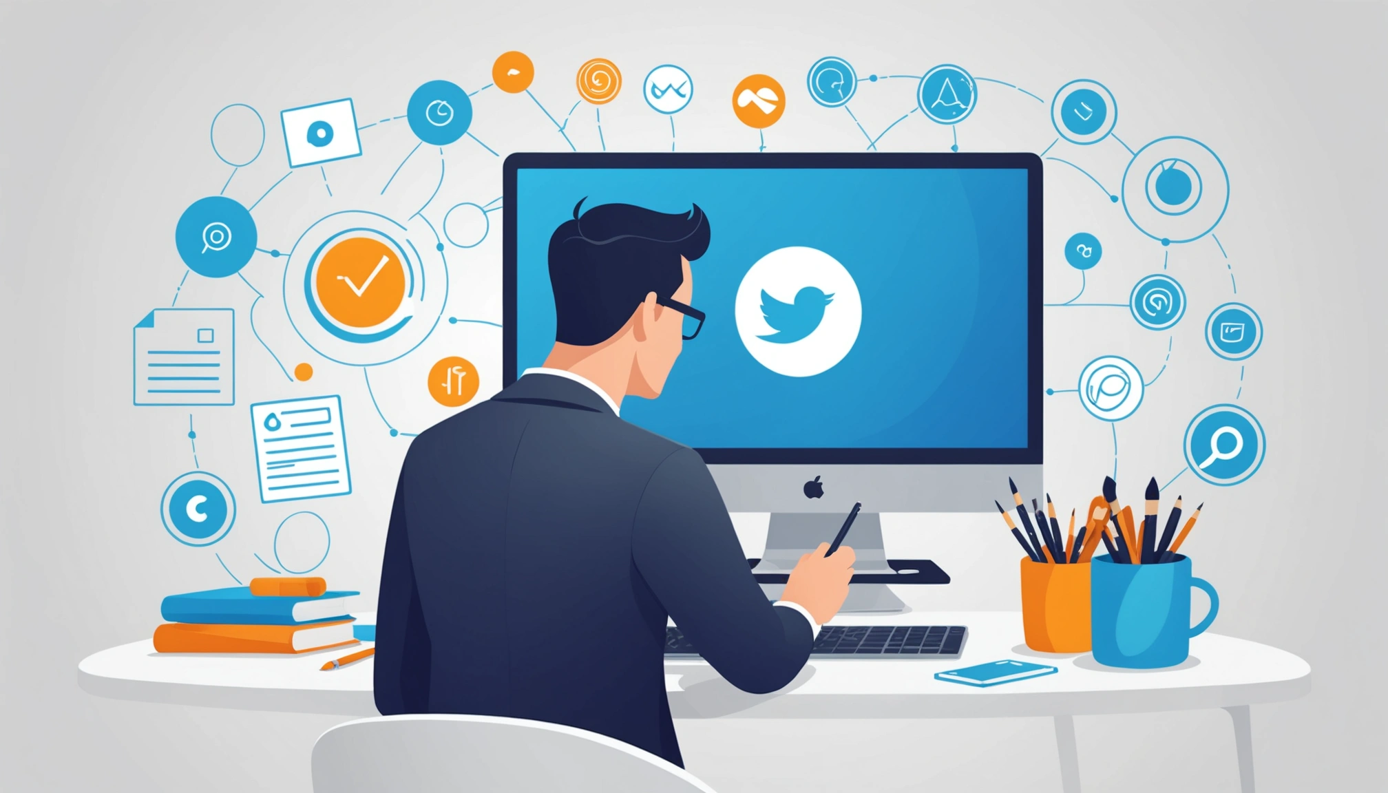 How to Find Twitter Bio Emails, Digital art, technology concept, abstract, clean lines, minimalist, corporate blue and white, data visualization, glowing nodes, wordpress, php, html, css