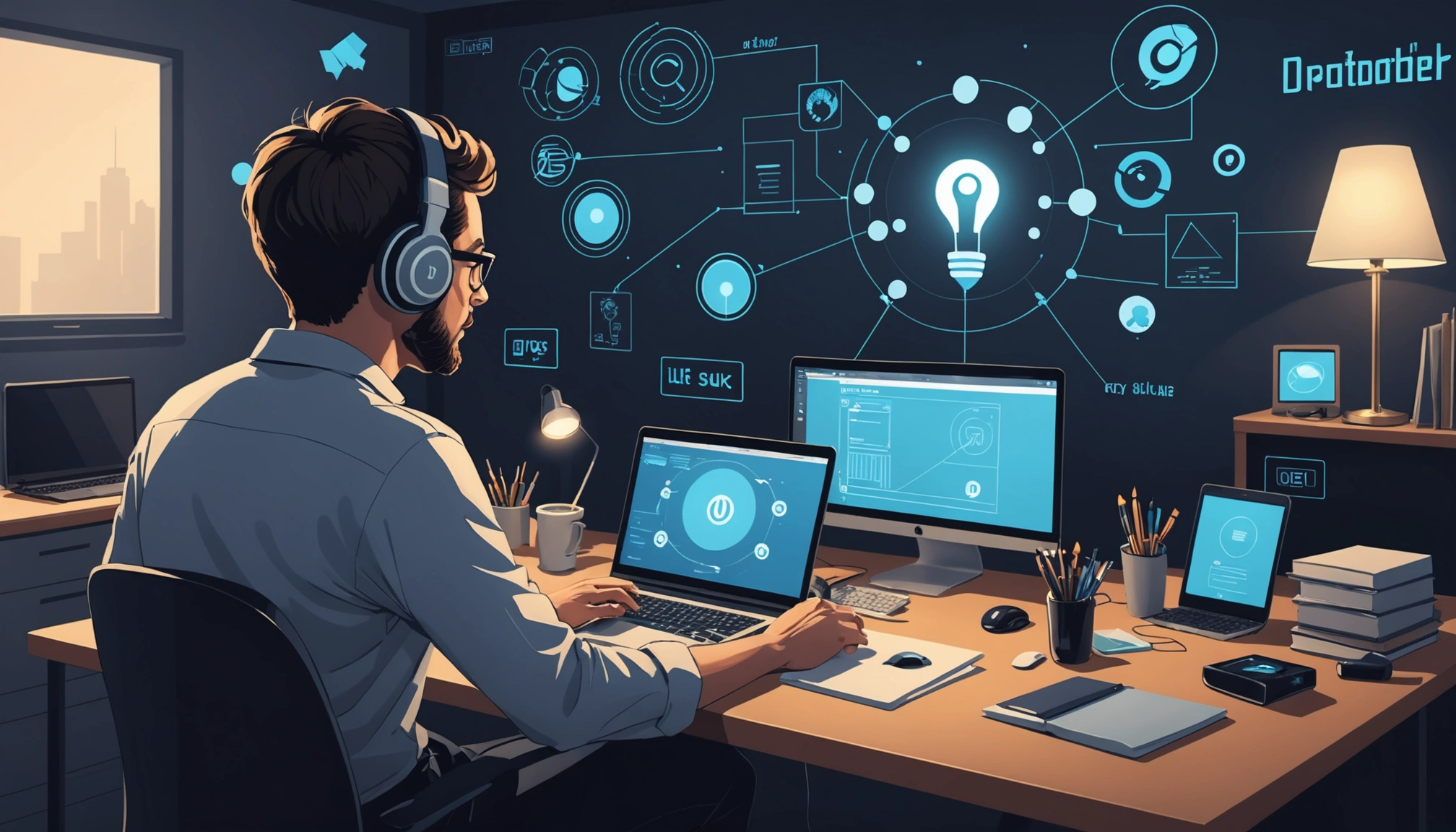 How to Find Podcast Guests, Digital art, technology concept, abstract, clean lines, minimalist, corporate blue and white, data visualization, glowing nodes, wordpress, php, html, css