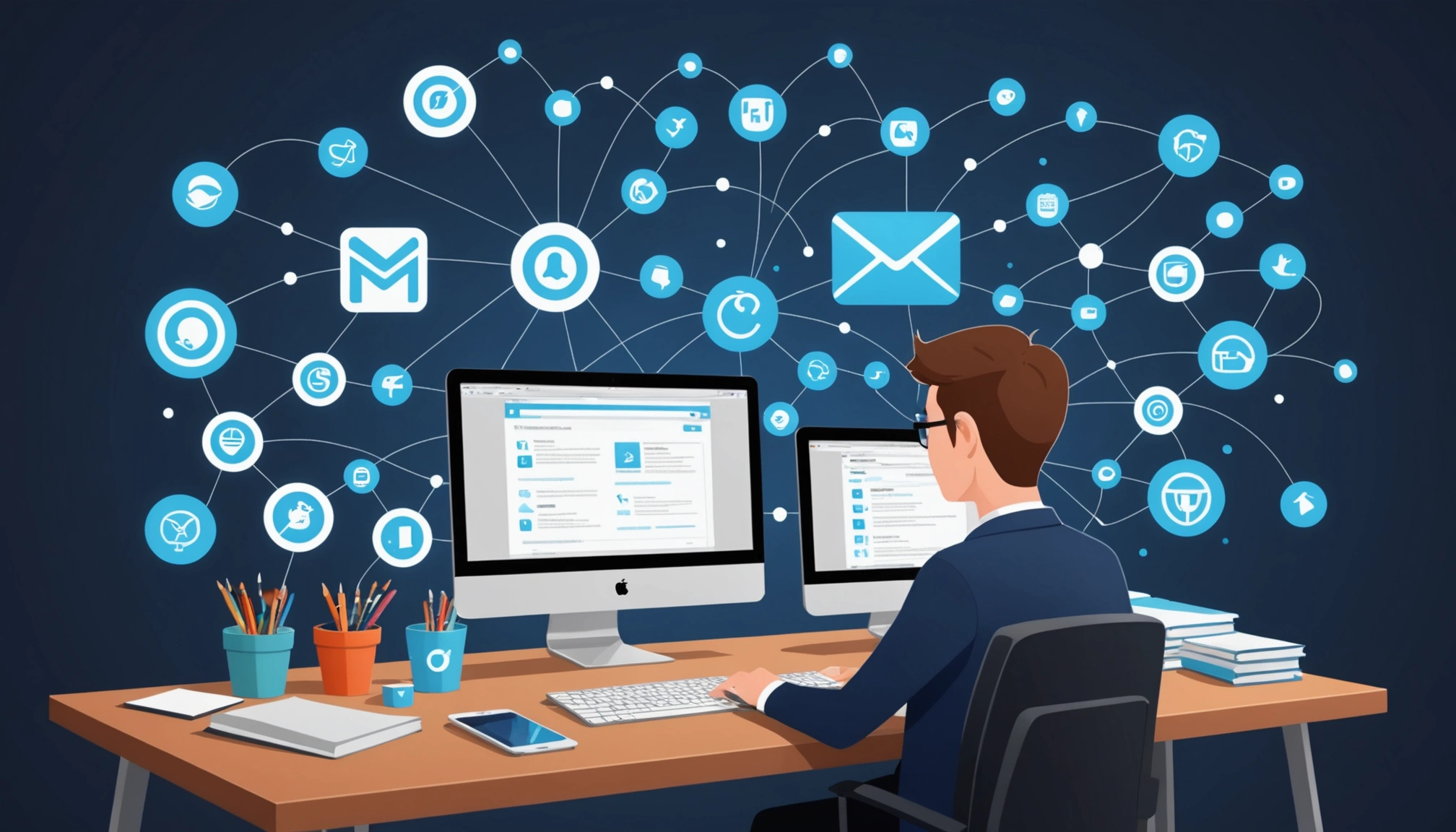 How to Find Emails in Trello Boards, Digital art, technology concept, abstract, clean lines, minimalist, corporate blue and white, data visualization, glowing nodes, wordpress, php, html, css
