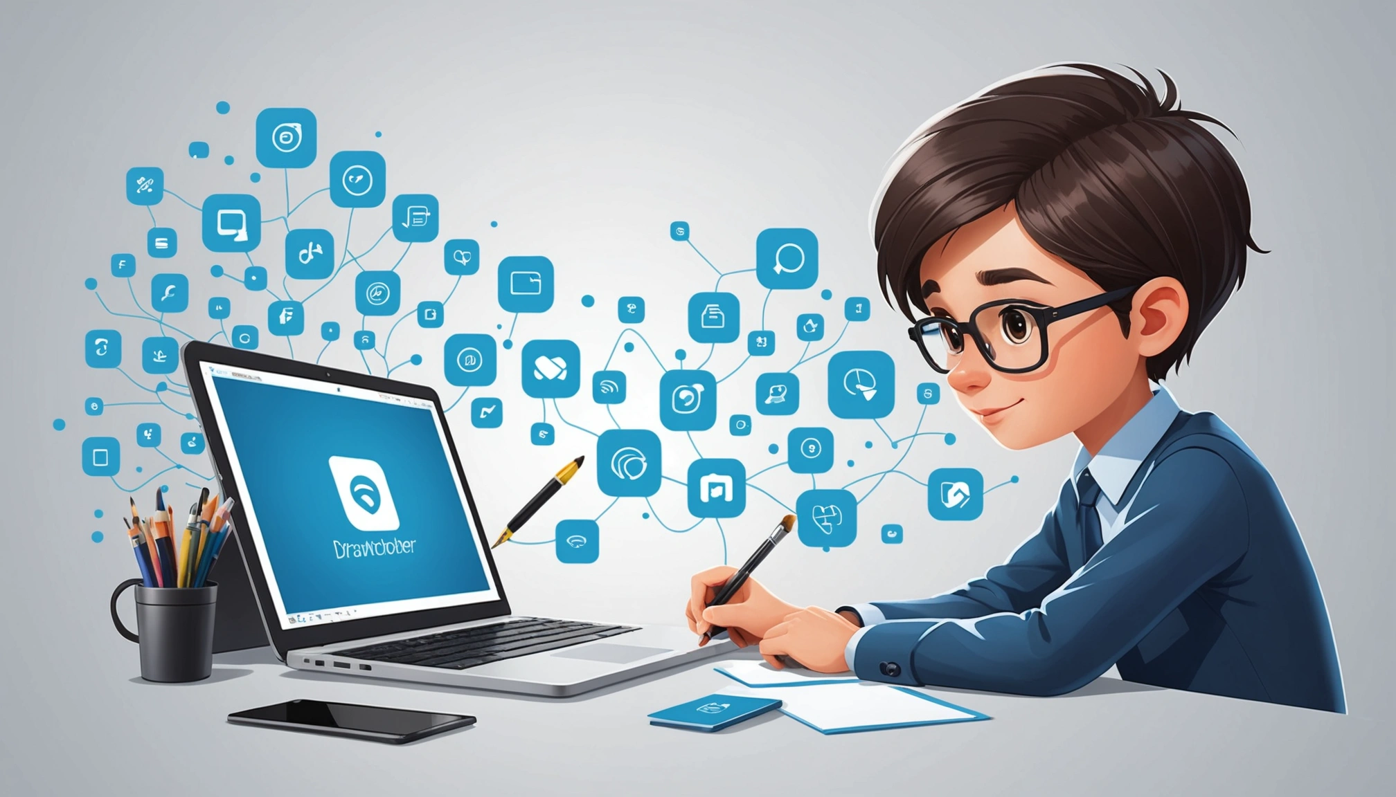 How to Scrape Emails from Evernote, Digital art, technology concept, abstract, clean lines, minimalist, corporate blue and white, data visualization, glowing nodes, wordpress, php, html, css
