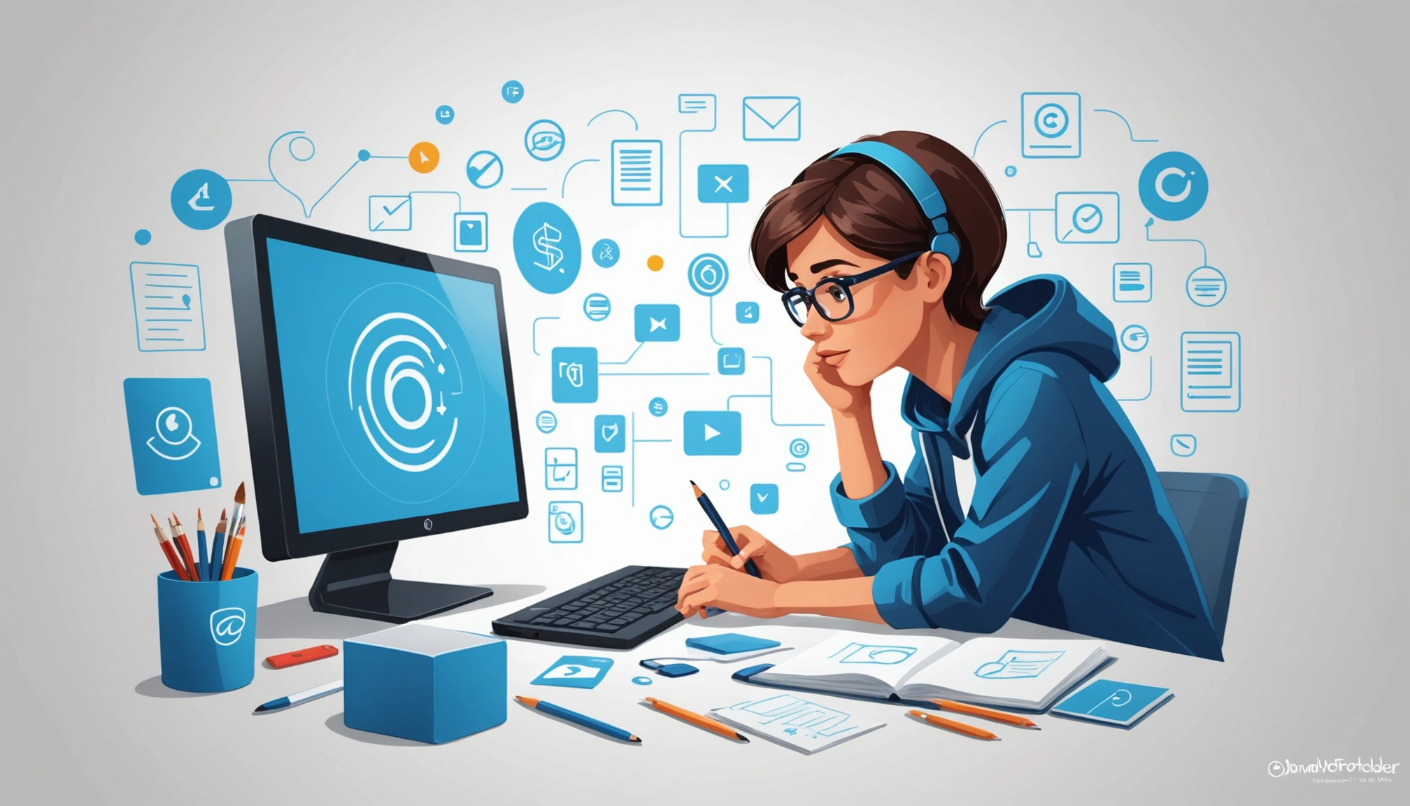 How to Find Emails in Basecamp, Digital art, technology concept, abstract, clean lines, minimalist, corporate blue and white, data visualization, glowing nodes, wordpress, php, html, css