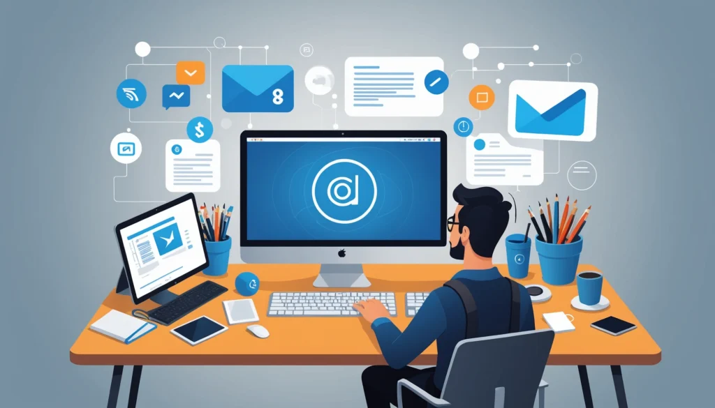 How to Find Emails in Workato, Digital art, technology concept, abstract, clean lines, minimalist, corporate blue and white, data visualization, glowing nodes, wordpress, php, html, css