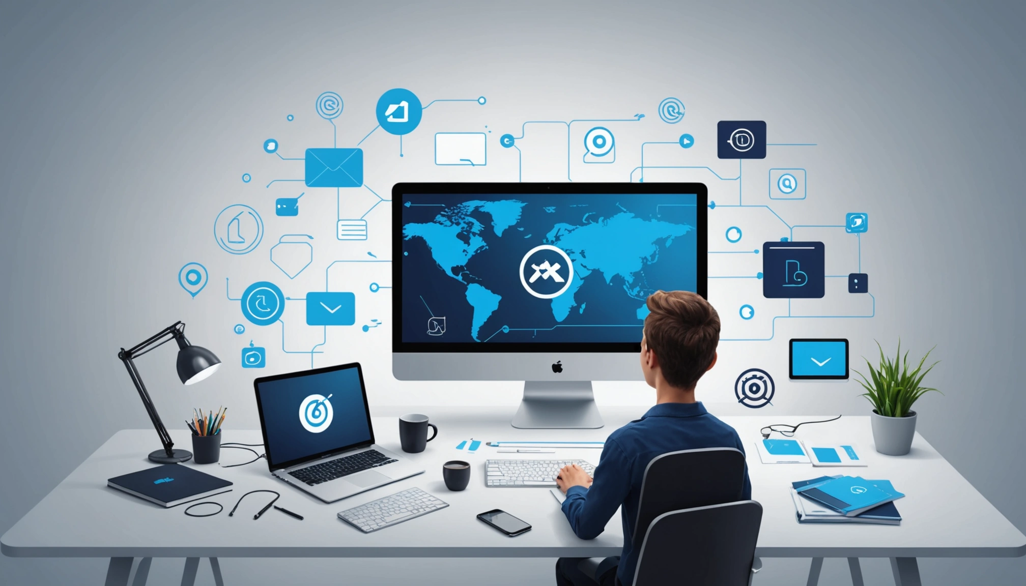 How to Find Emails in Campaign Monitor, Digital art, technology concept, abstract, clean lines, minimalist, corporate blue and white, data visualization, glowing nodes, wordpress, php, html, css