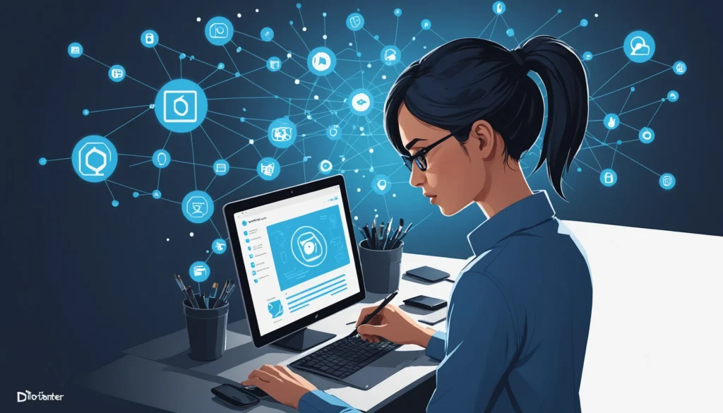 Where to Look for Hidden Emails on Websites, Digital art, technology concept, abstract, clean lines, minimalist, corporate blue and white, data visualization, glowing nodes, wordpress, php, html, css