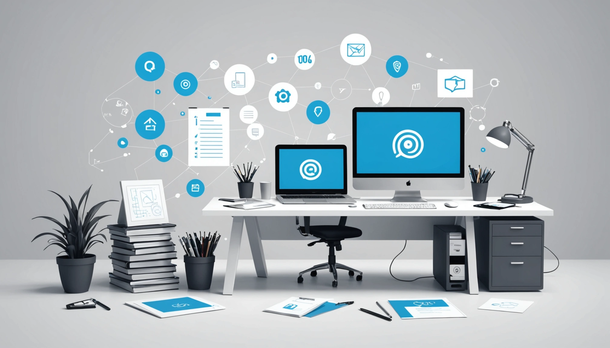 Where to Extract Emails from Press Releases, Digital art, technology concept, abstract, clean lines, minimalist, corporate blue and white, data visualization, glowing nodes, wordpress, php, html, css