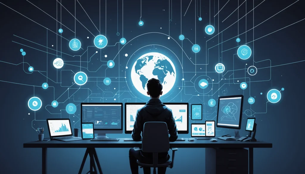 Where to Extract Leads Using Salesforce, Digital art, technology concept, abstract, clean lines, minimalist, corporate blue and white, data visualization, glowing nodes, wordpress, php, html, css